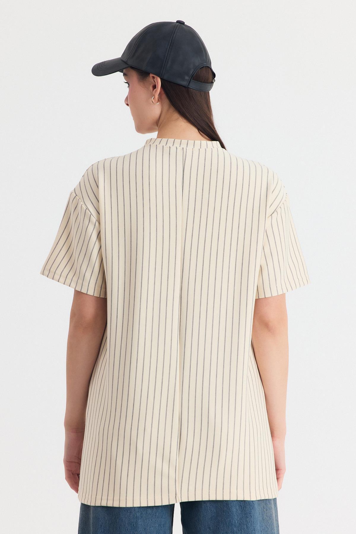 Bej Çizgili Oversize Tişört 4447A - 5