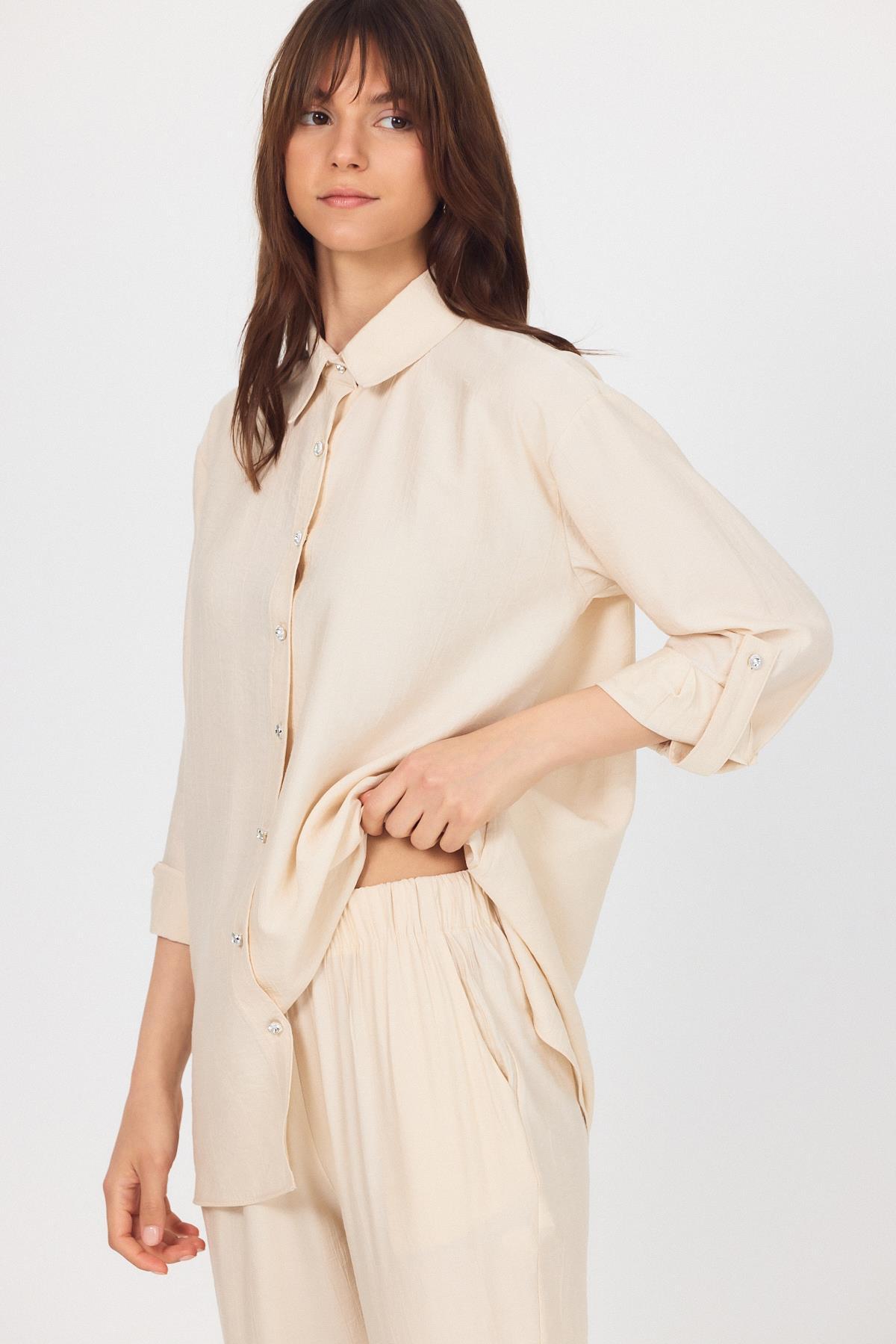 Bej Dokuma Gömlek Pantolon İkili Takım 4607A - RAYS