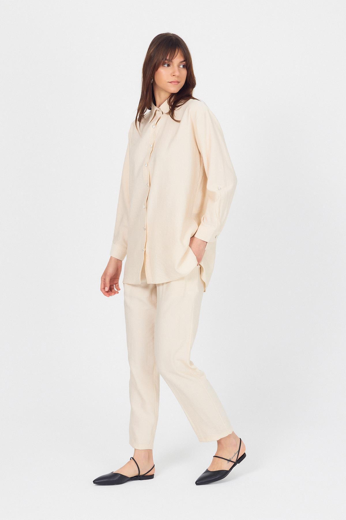 Bej Dokuma Gömlek Pantolon İkili Takım 4607A - 6