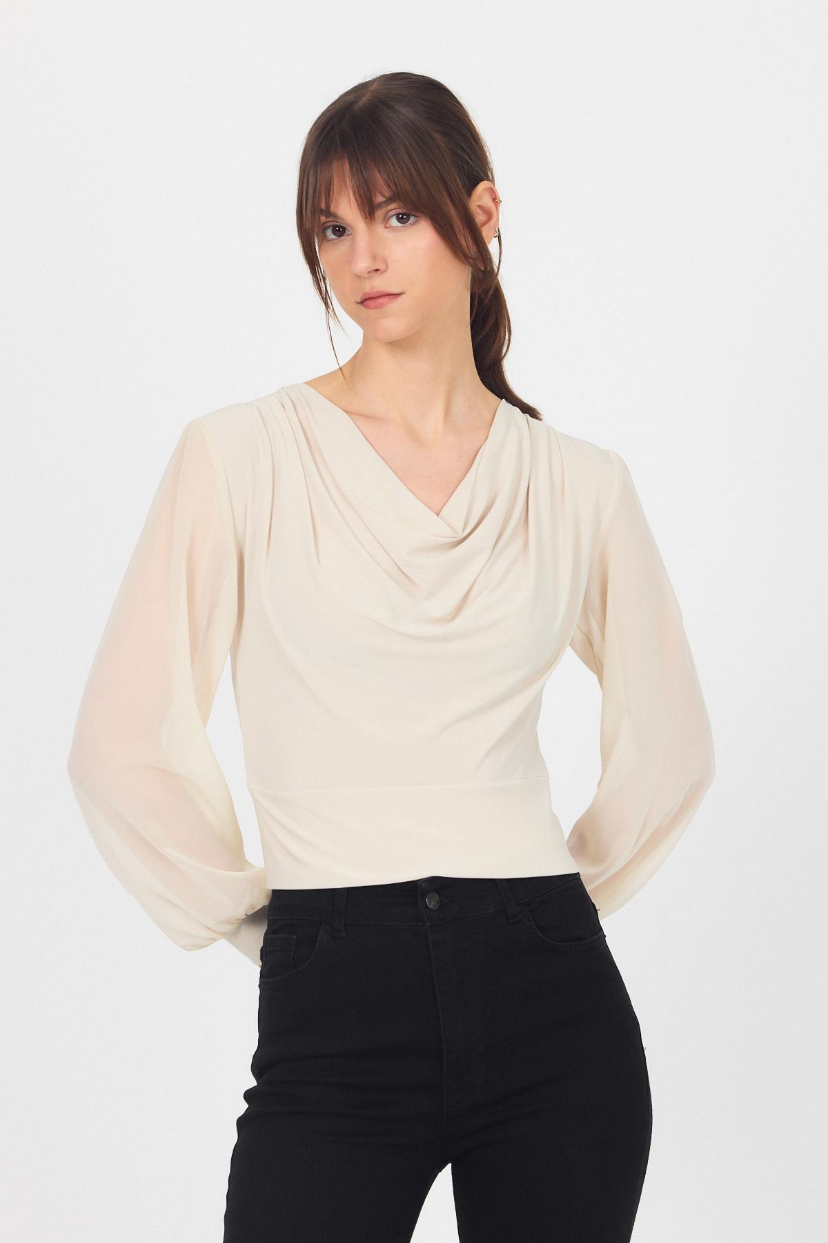 Bej Drapeli Tül Kol Detaylı Bluz 9474 - RAYS