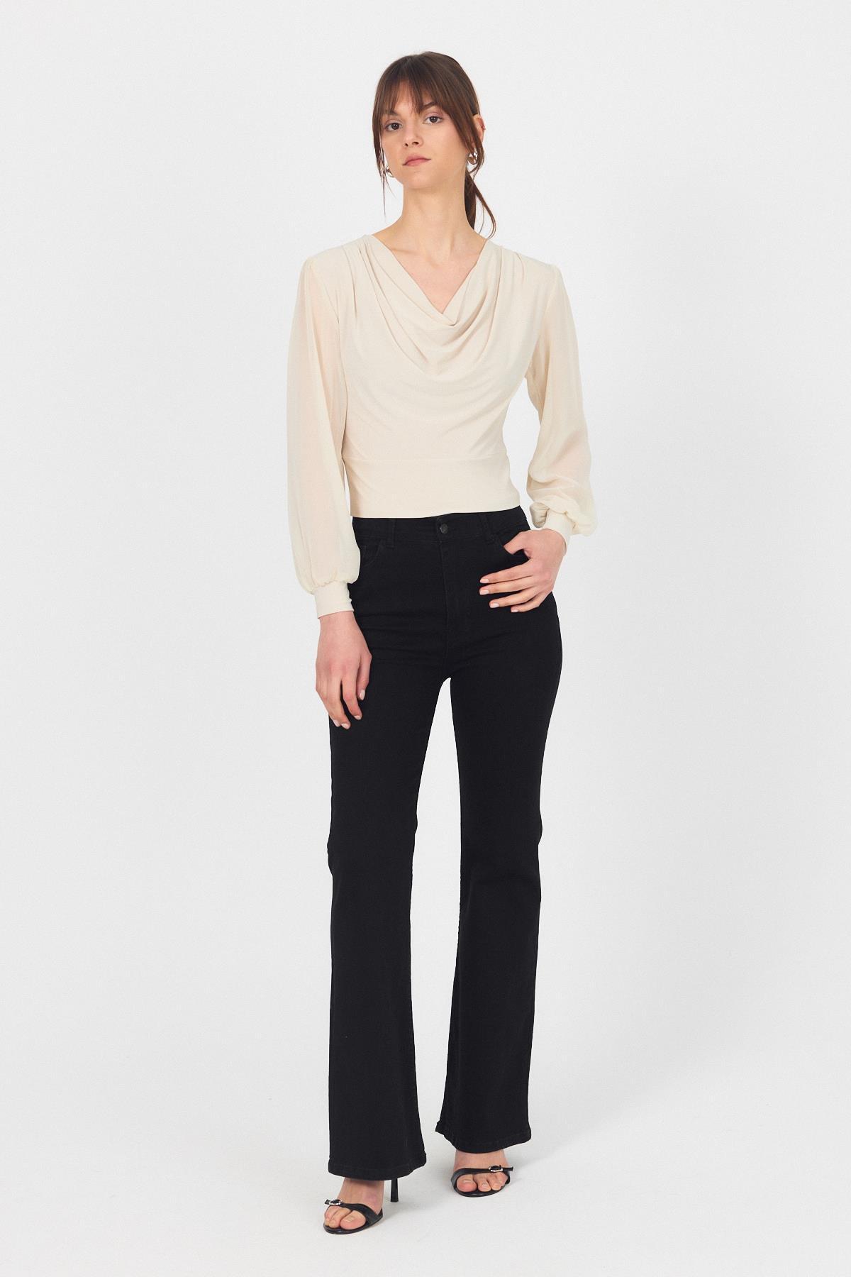 Bej Drapeli Tül Kol Detaylı Bluz 9474 - RAYS