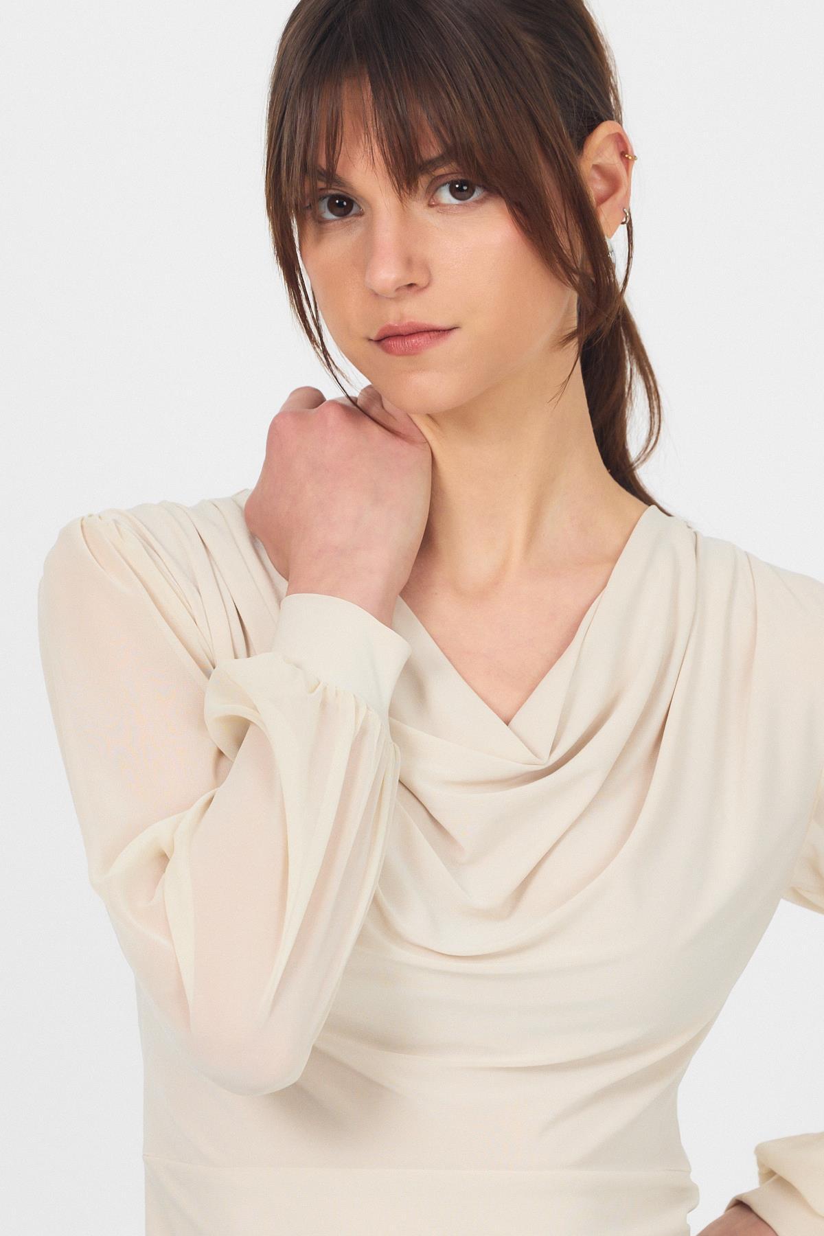 Bej Drapeli Tül Kol Detaylı Bluz 9474 - RAYS