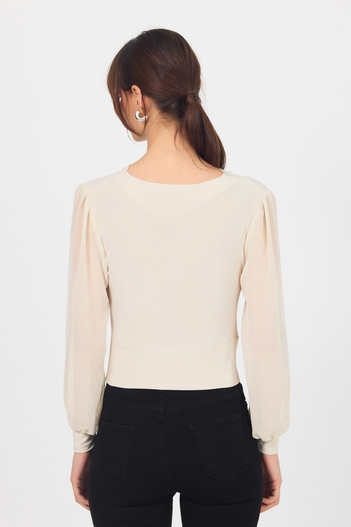 Bej Drapeli Tül Kol Detaylı Bluz 9474 - 5