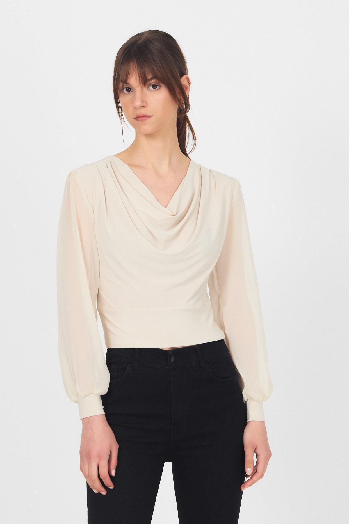 Bej Drapeli Tül Kol Detaylı Bluz 9474 - 7