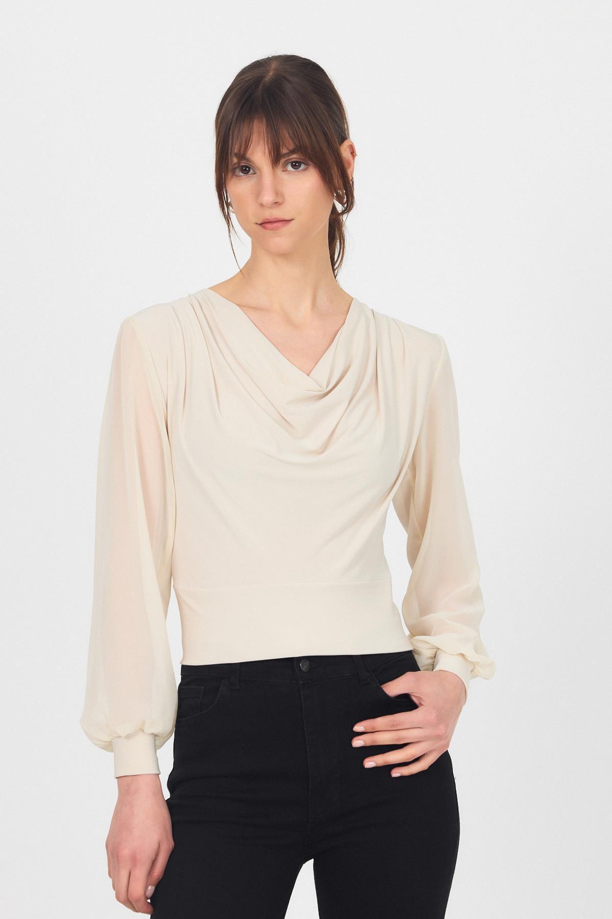 Bej Drapeli Tül Kol Detaylı Bluz 9474 - 1