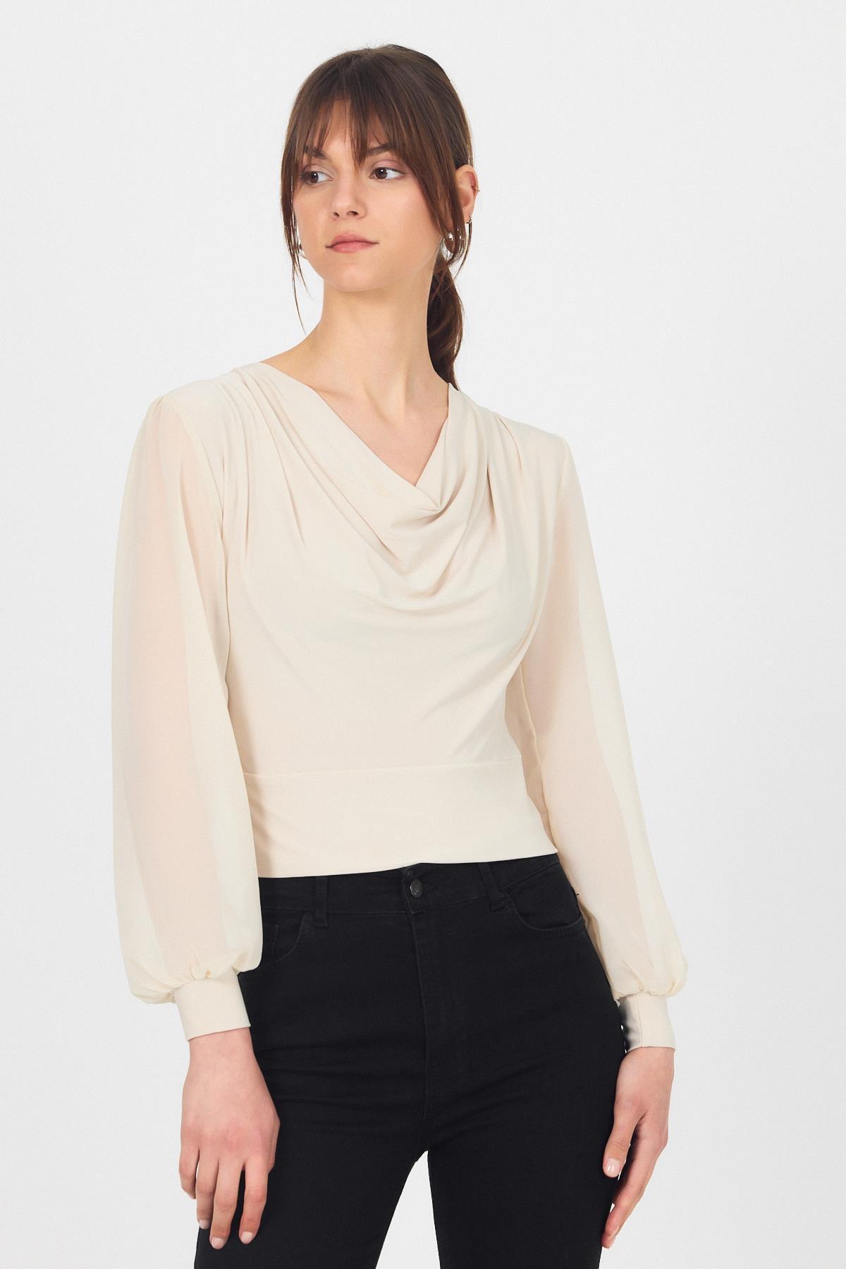 Bej Drapeli Tül Kol Detaylı Bluz 9474 - 6