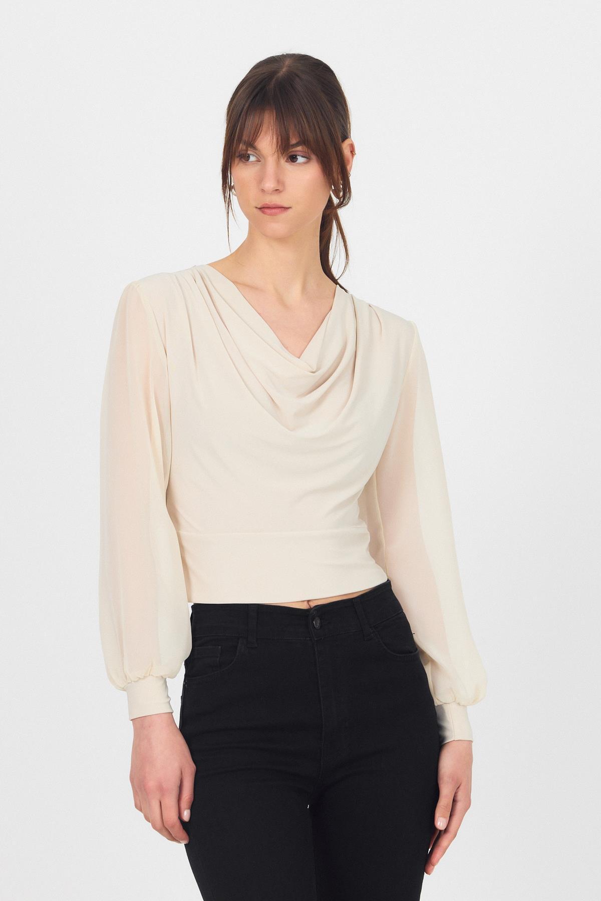 Bej Drapeli Tül Kol Detaylı Bluz 9474 - 8