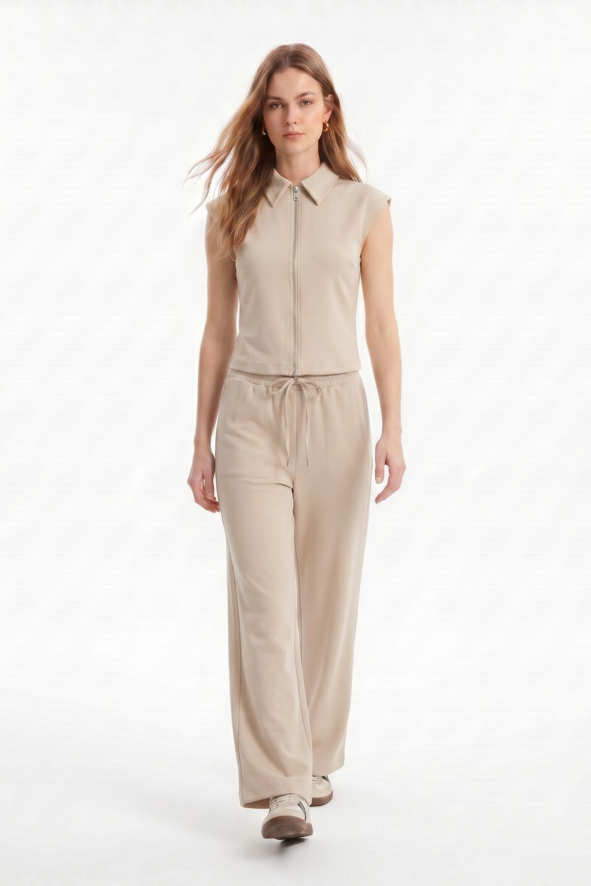 Fermuarlı Bluz Pantolon Takım 2796 Bej - RAYS