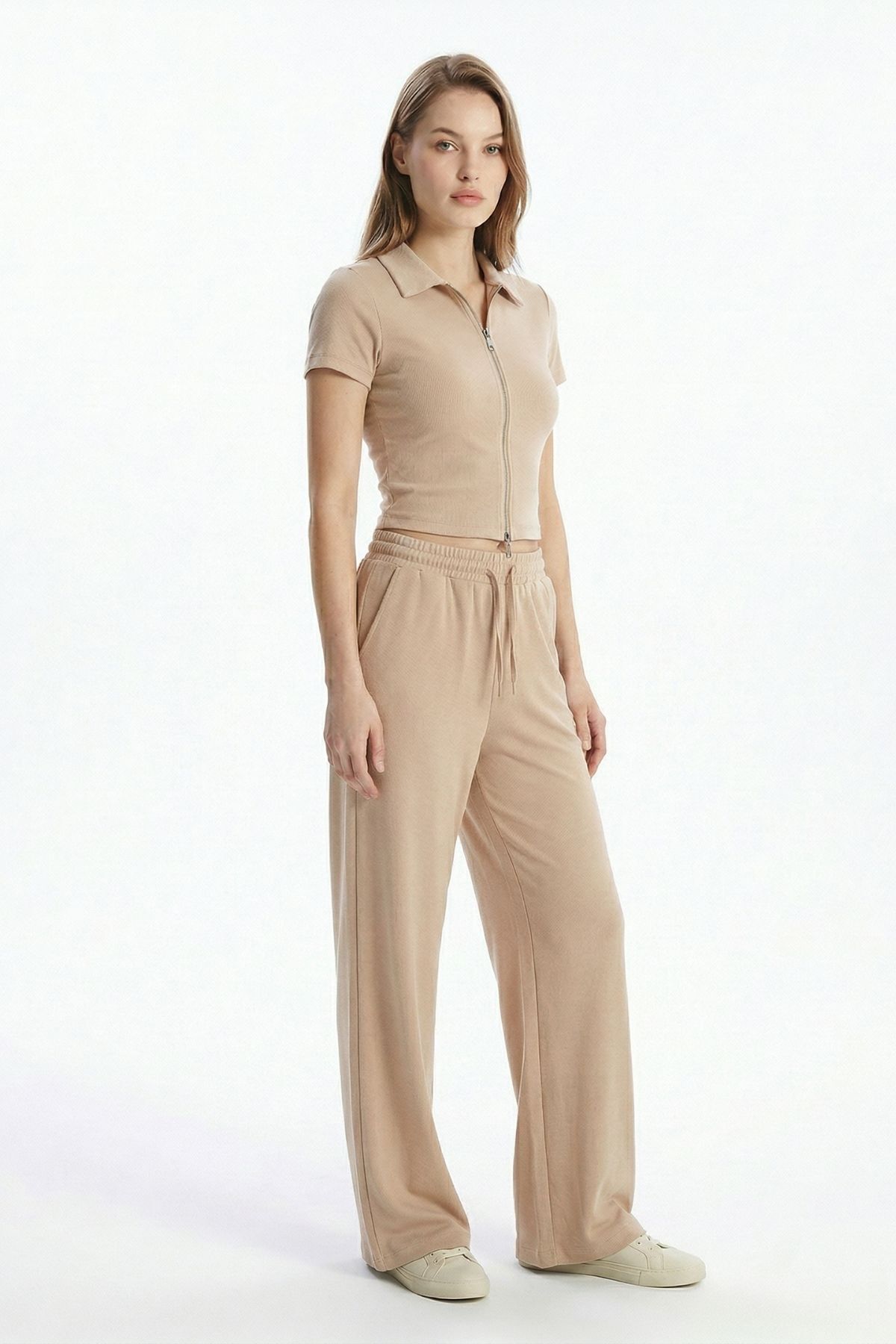 Bej Fermuarlı Gömlek Yaka Eşofman Takım 0426 - 1