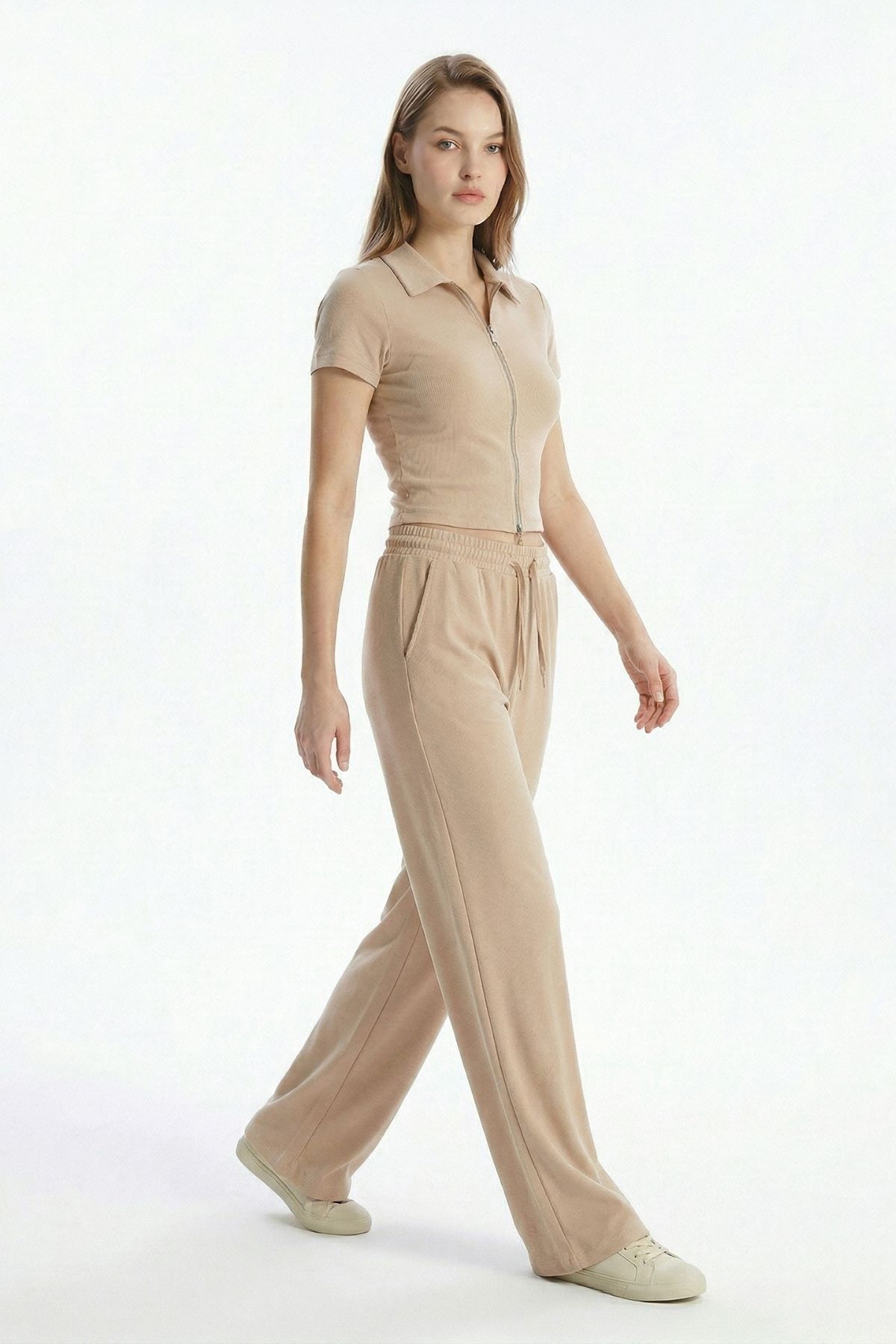 Bej Fermuarlı Gömlek Yaka Eşofman Takım 0426 - RAYS (1)