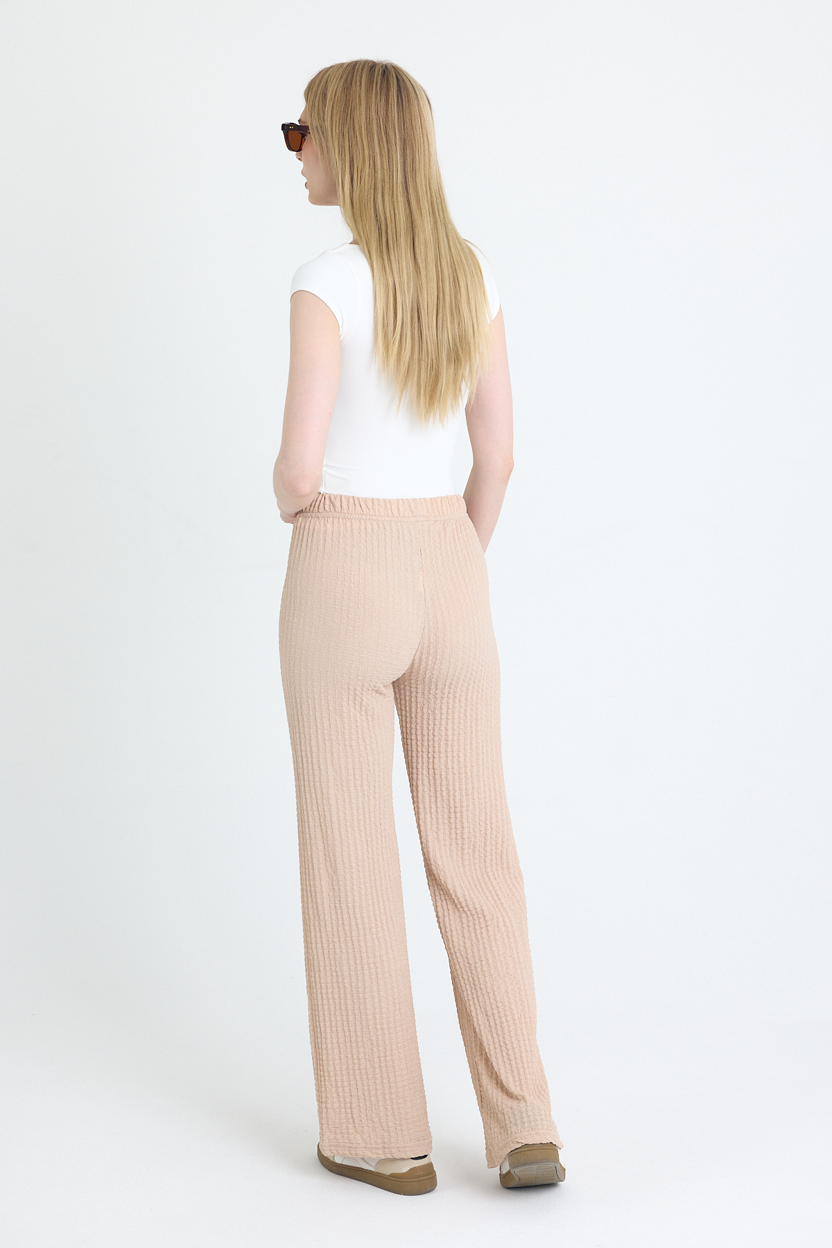 Bej Geniş Paça Dökümlü Bürümcük Kumaş Pantolon 326 - 5