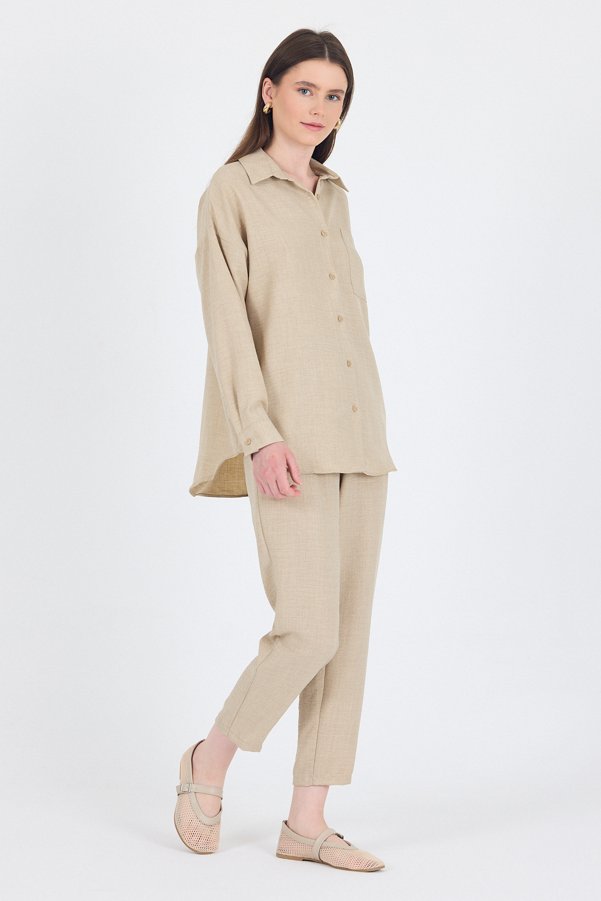 Bej Gömlek ve Beli Lastikli Pantolon İkili Takım 4813A - RAYS