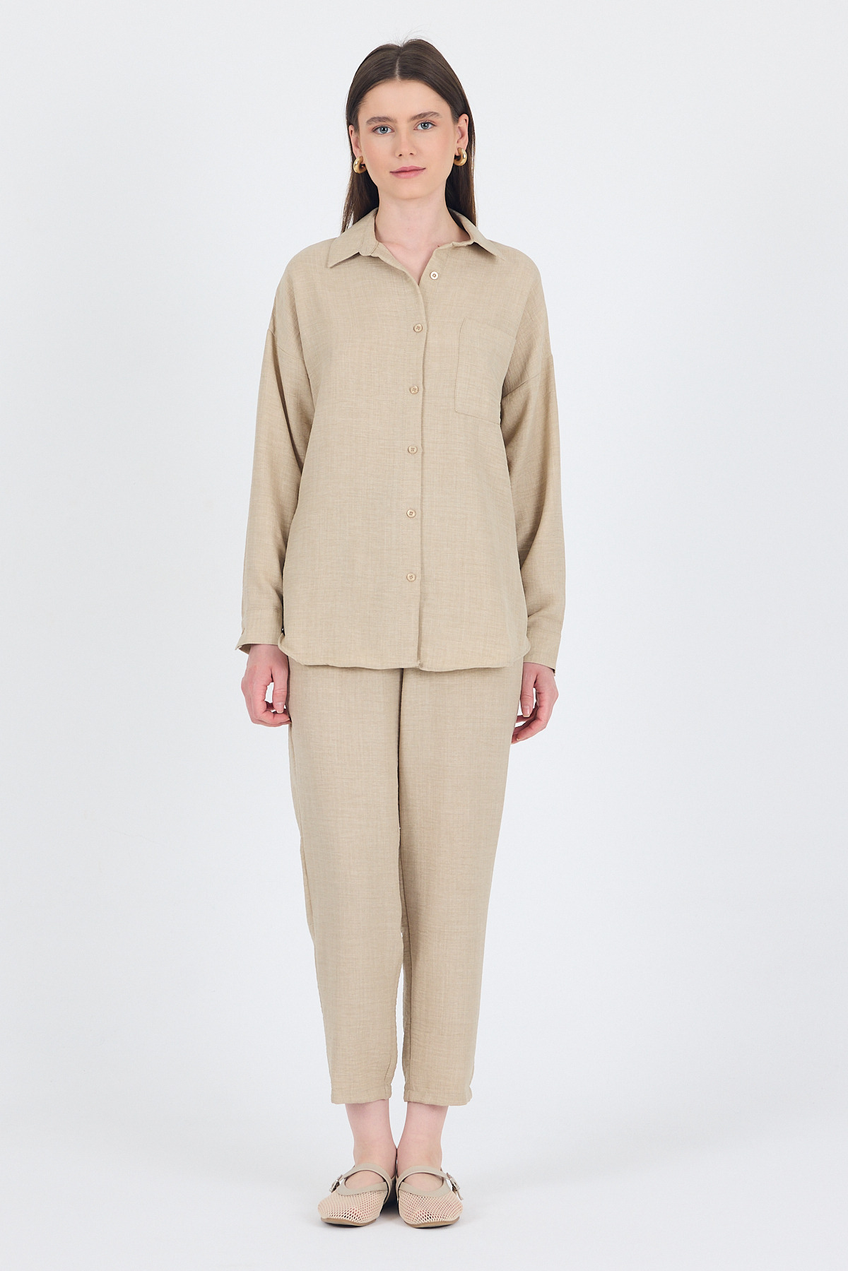 Bej Gömlek ve Beli Lastikli Pantolon İkili Takım 4813A - RAYS