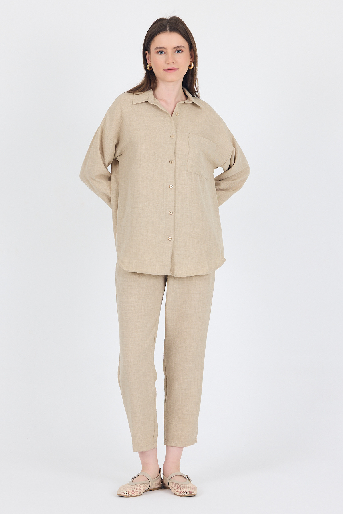 Bej Gömlek ve Beli Lastikli Pantolon İkili Takım 4813A - 6