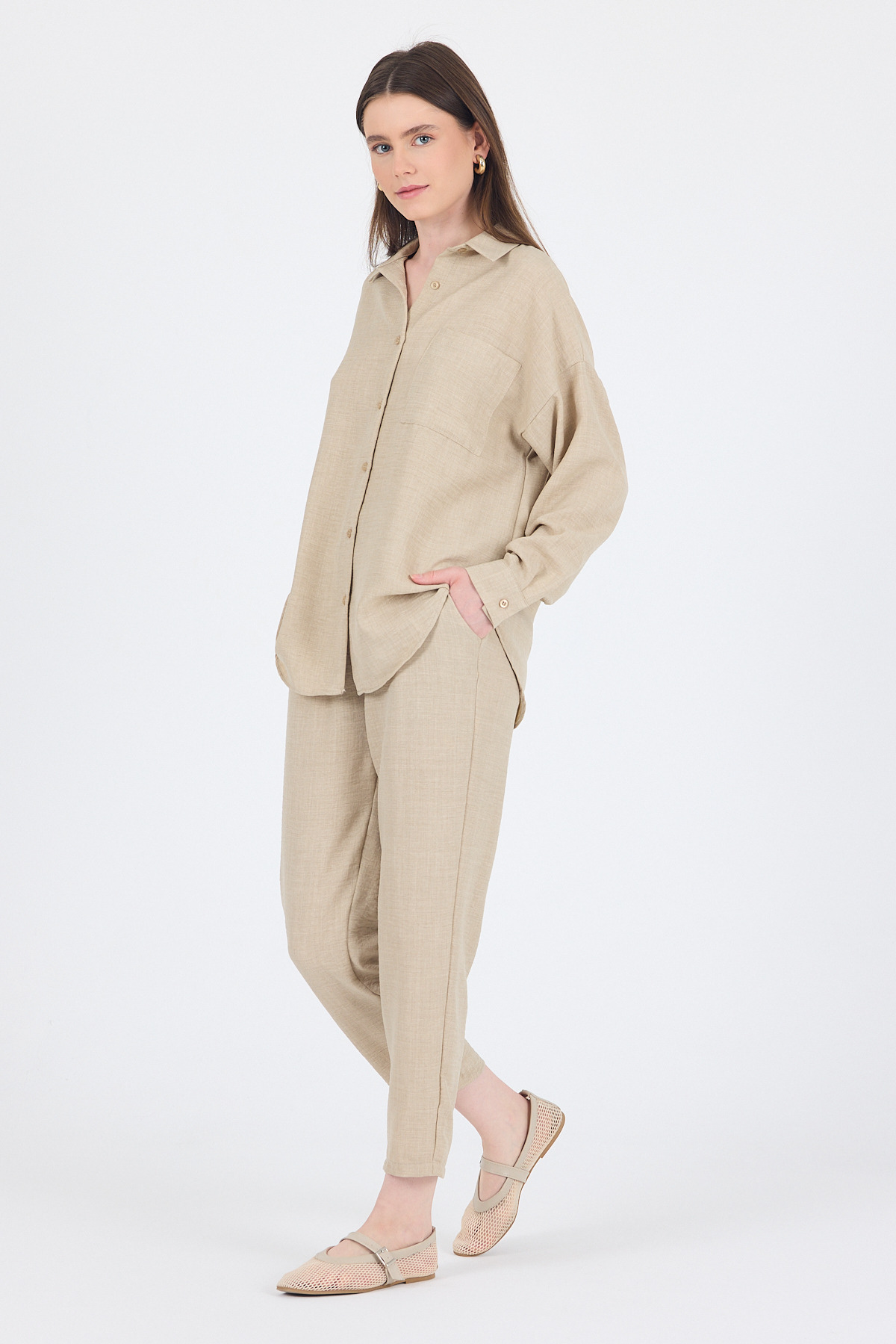 Bej Gömlek ve Beli Lastikli Pantolon İkili Takım 4813A - 1