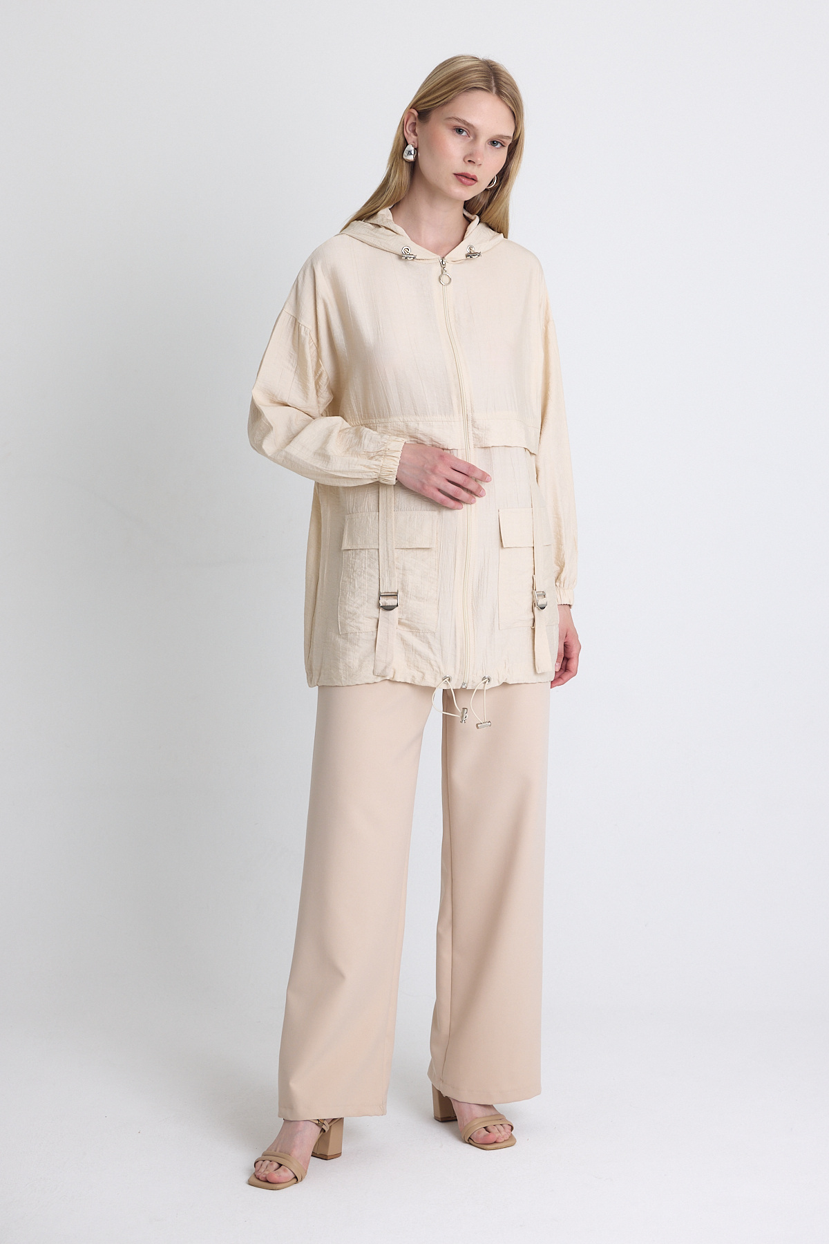 Bej Kapüşonlu Cepli Fermuarlı Kap 4572A - 3