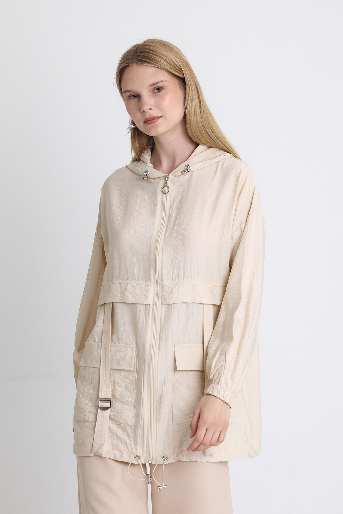 Bej Kapüşonlu Cepli Fermuarlı Kap 4572A - 6