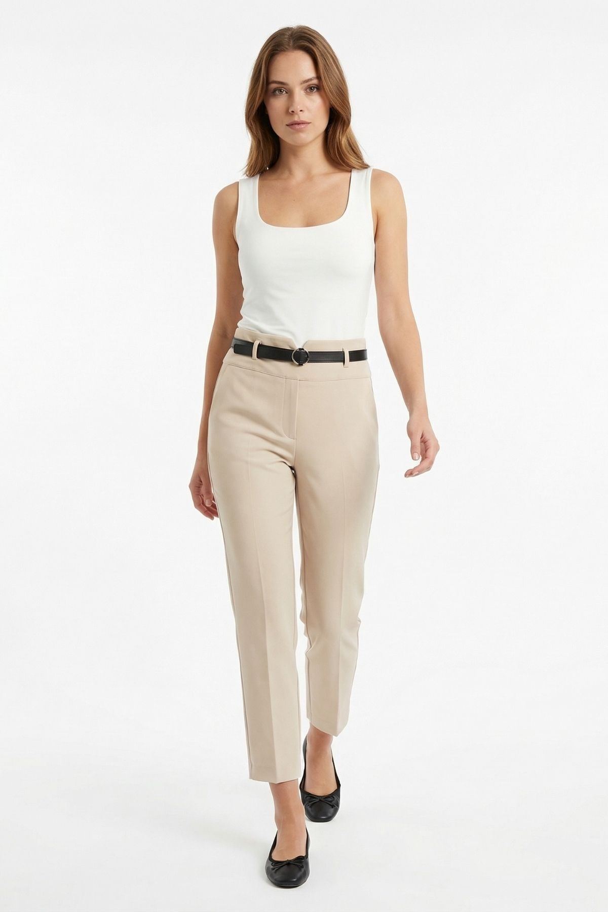 Bej Kemerli Düz Paça Pantolon 7012A 