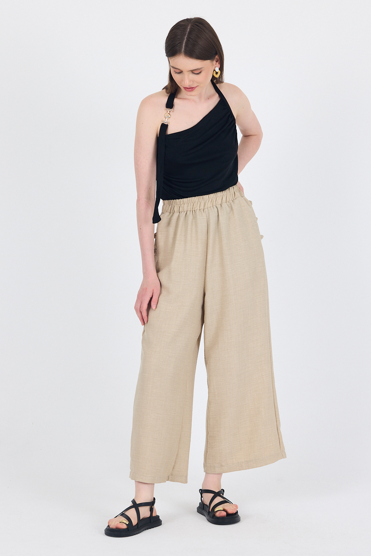 Bej Keten Dokulu Pamuklu Yan Detaylı Bol Paça Pantolon 4820A - RAYS