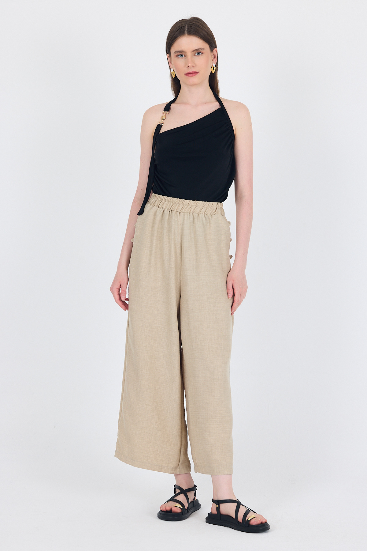 Bej Keten Dokulu Pamuklu Yan Detaylı Bol Paça Pantolon 4820A - 6