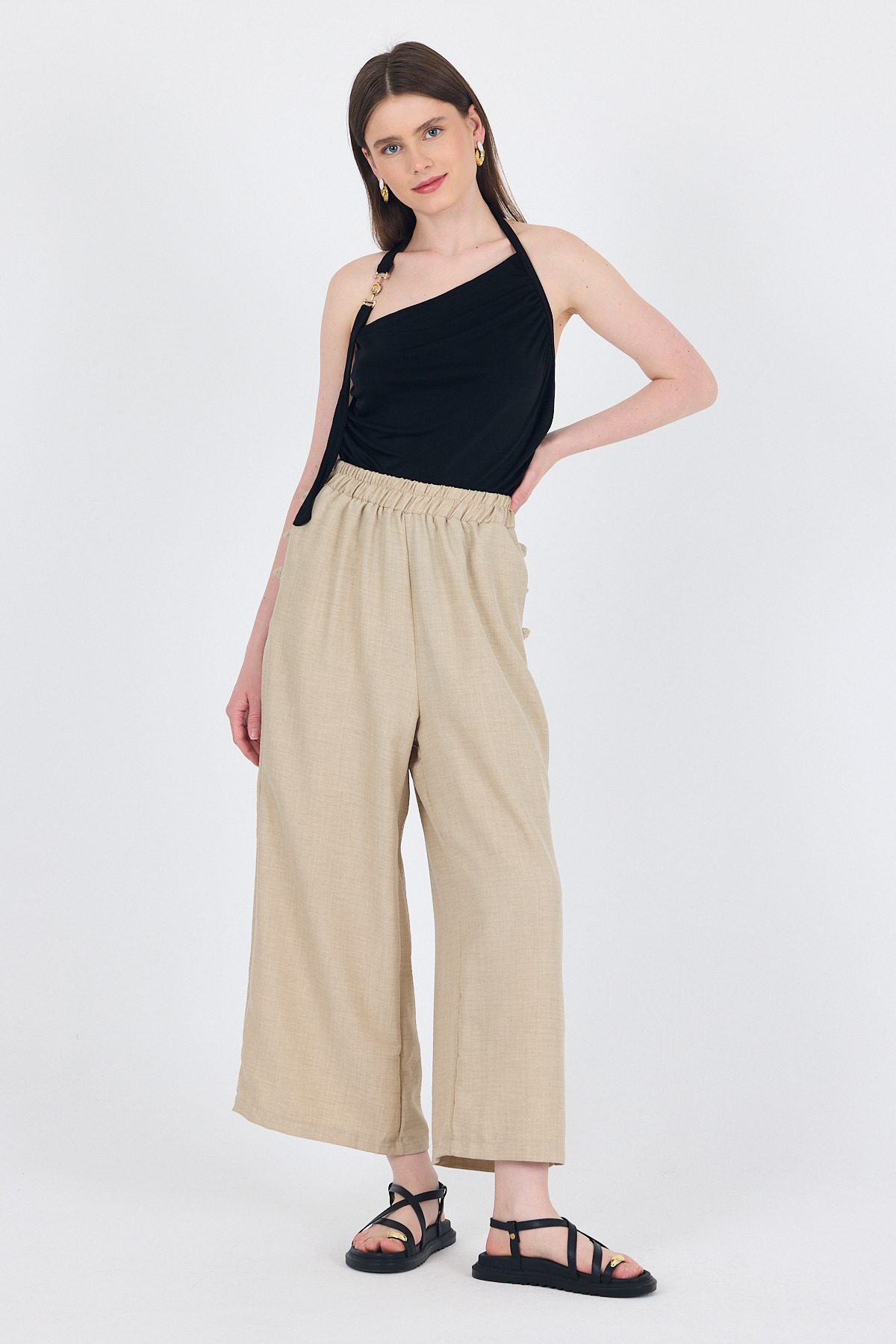 Bej Keten Dokulu Pamuklu Yan Detaylı Bol Paça Pantolon 4820A - 2