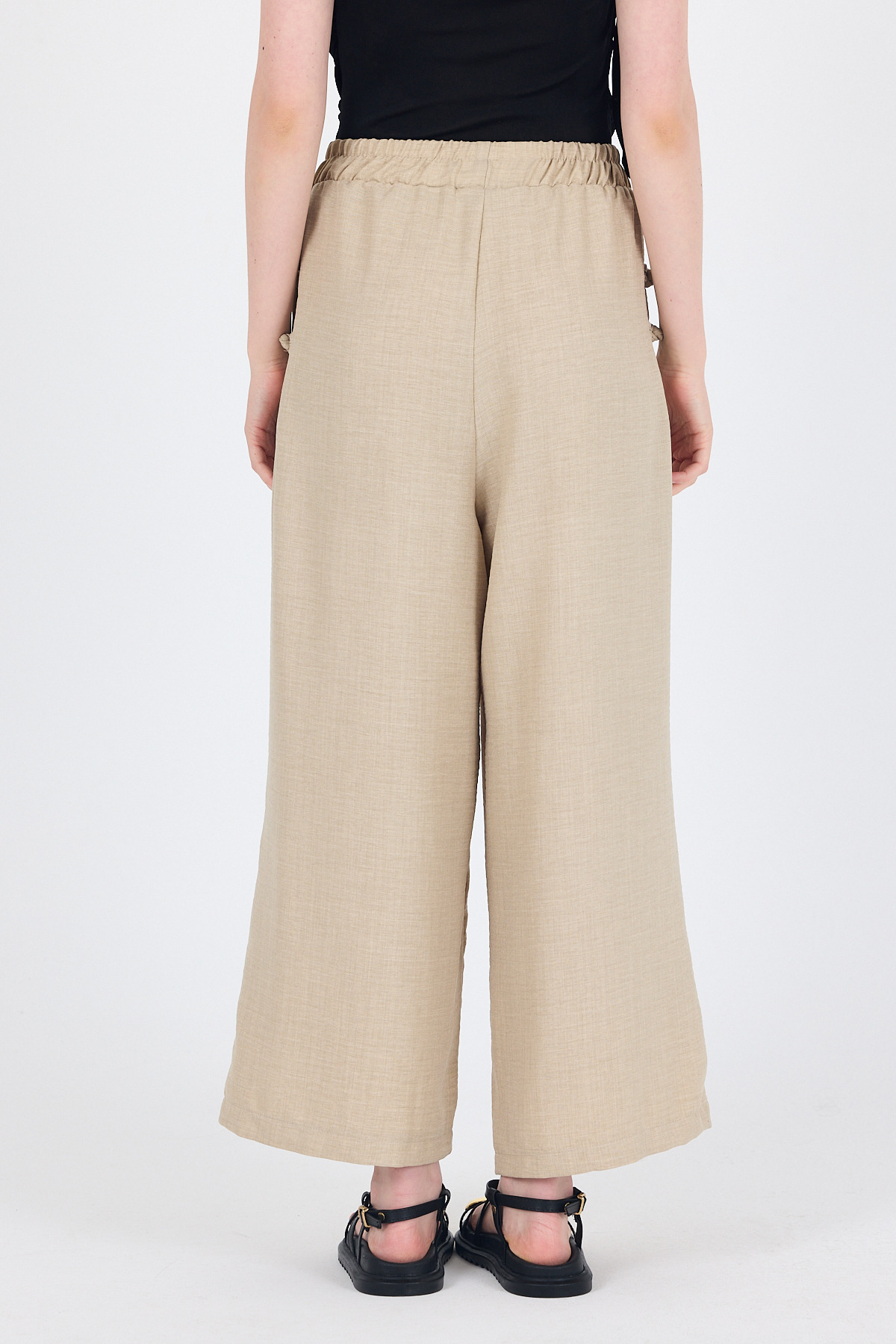 Bej Keten Dokulu Pamuklu Yan Detaylı Bol Paça Pantolon 4820A - 5