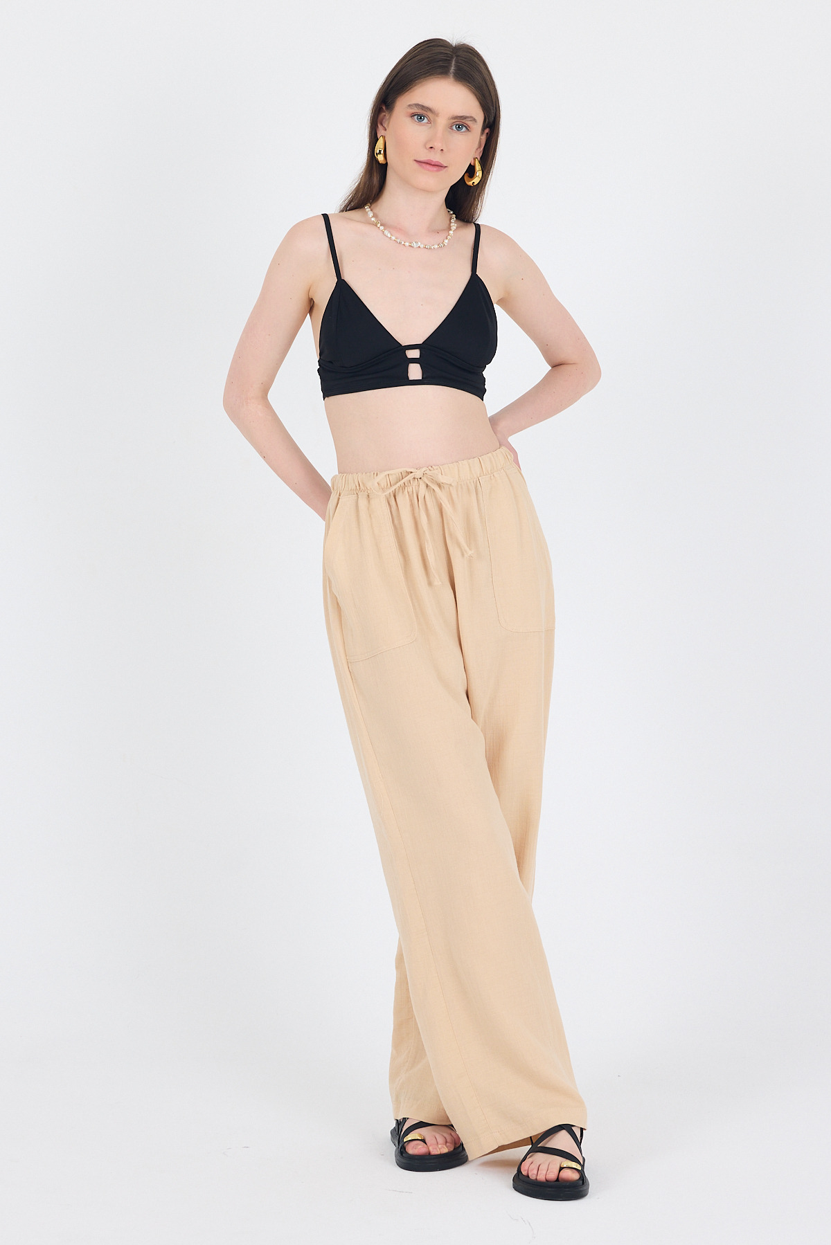 Bej Keten Görünümlü %100 Pamuk Cepli Bol Paça Pantolon 8054A - RAYS