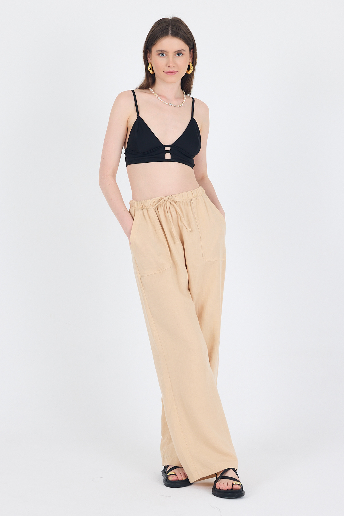 Bej Keten Görünümlü %100 Pamuk Cepli Bol Paça Pantolon 8054A - 3