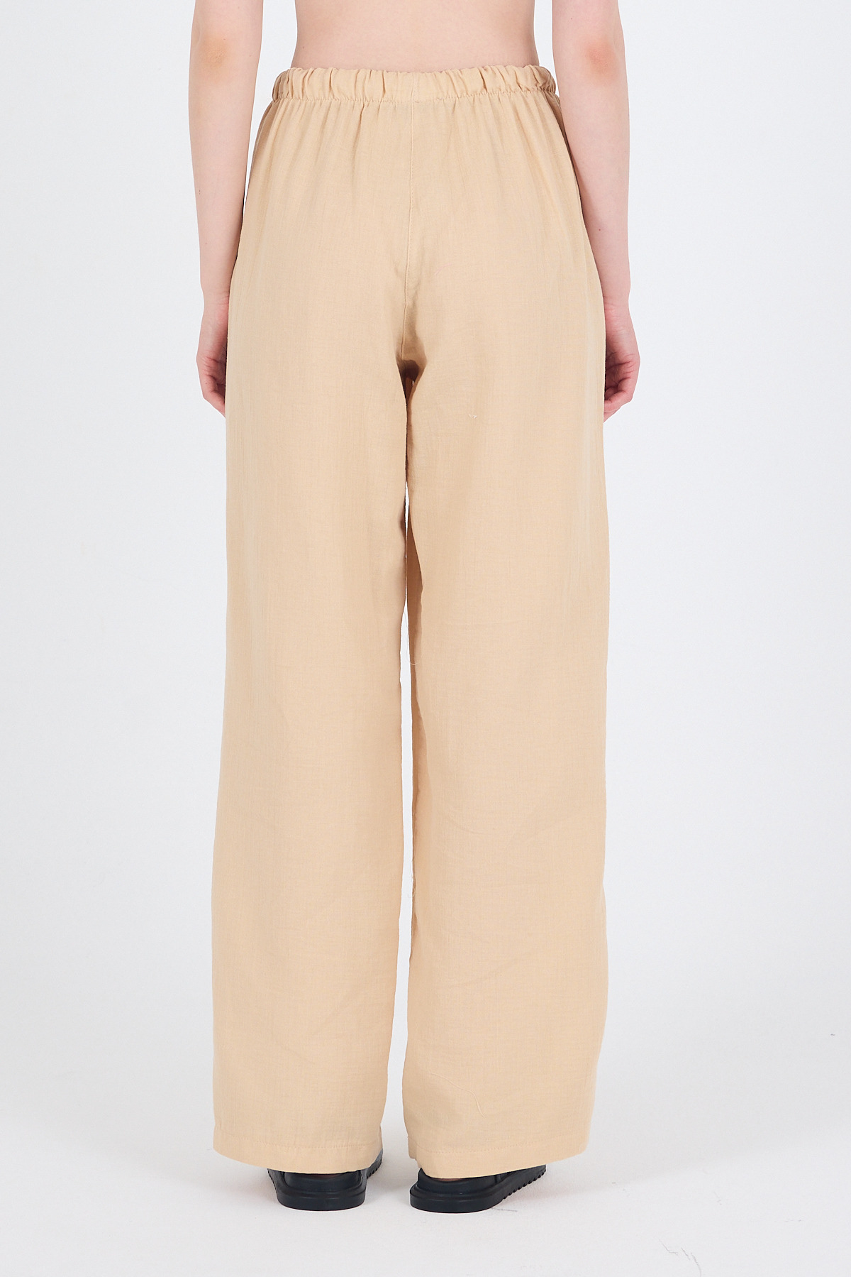 Bej Keten Görünümlü %100 Pamuk Cepli Bol Paça Pantolon 8054A - 6