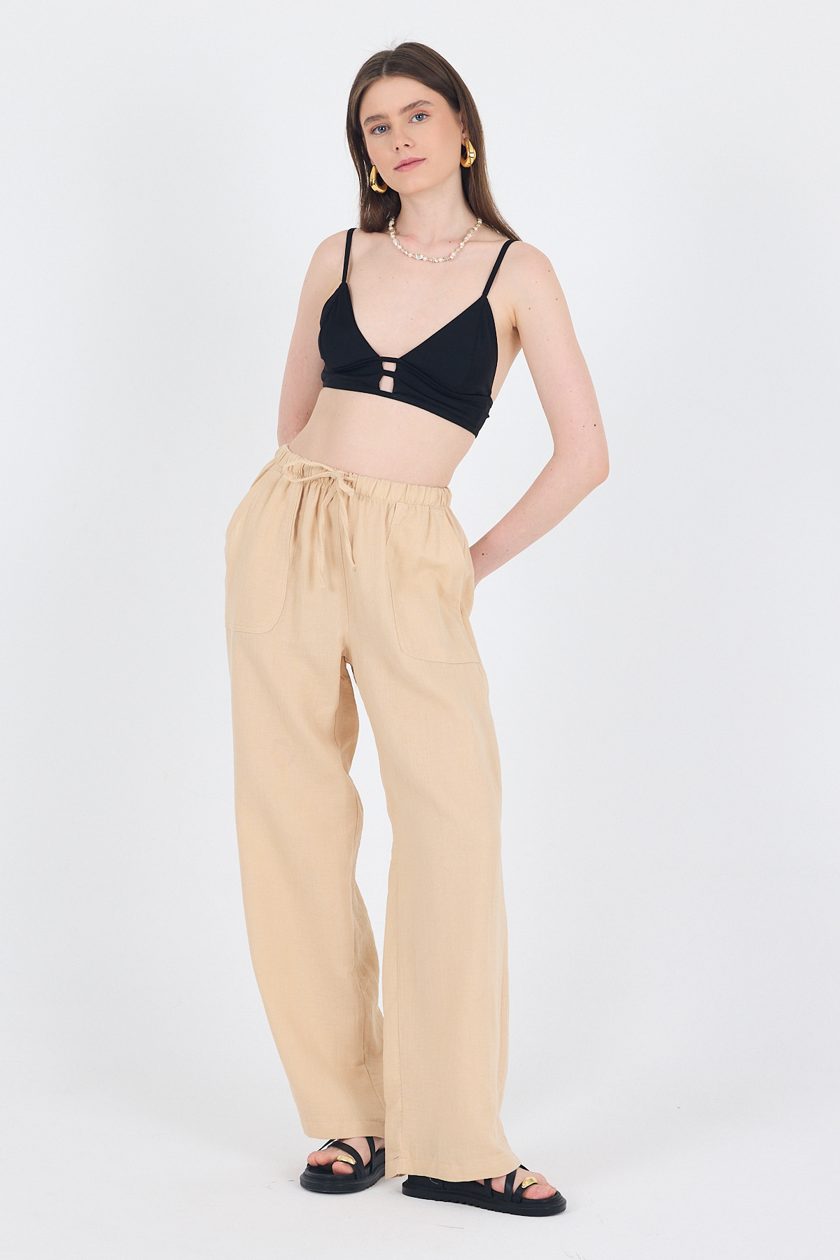 Bej Keten Görünümlü %100 Pamuk Cepli Bol Paça Pantolon 8054A - 7