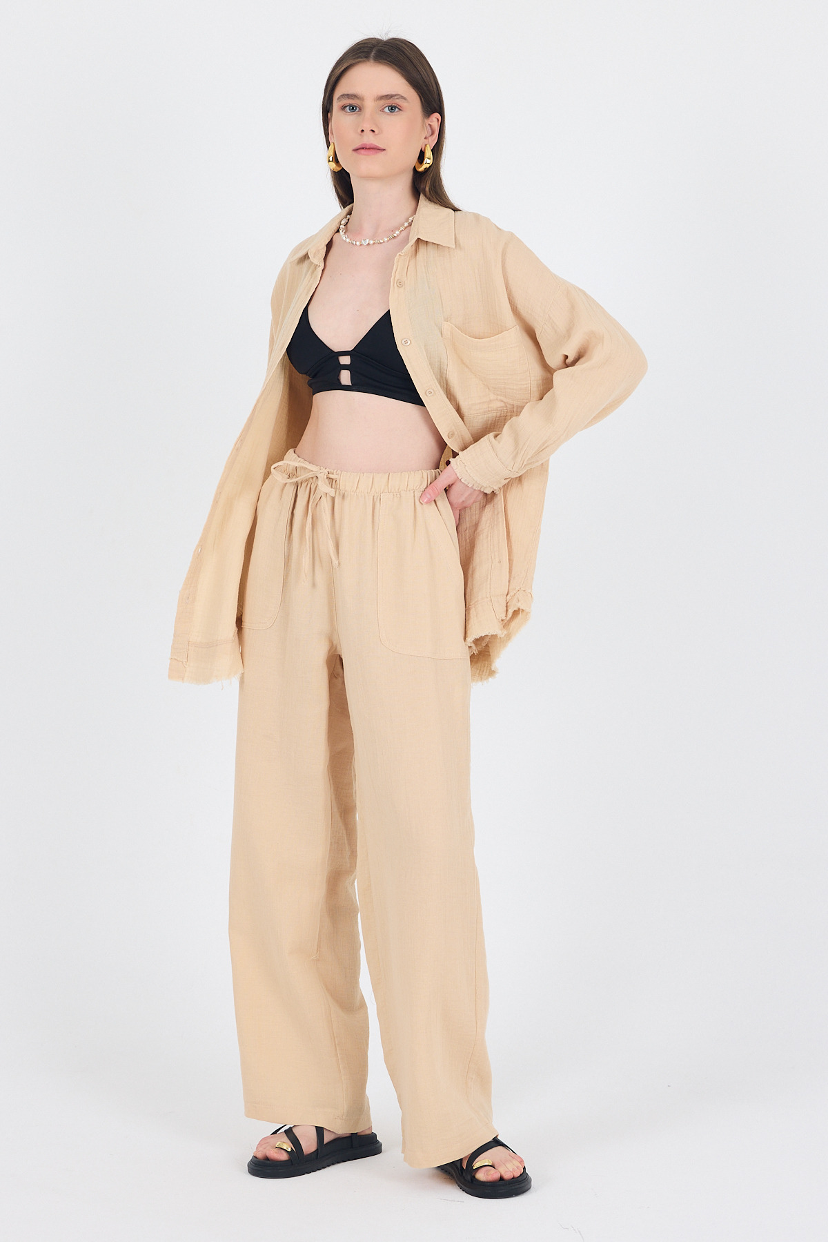 Bej Keten Görünümlü %100 Pamuk Cepli Bol Paça Pantolon 8054A 