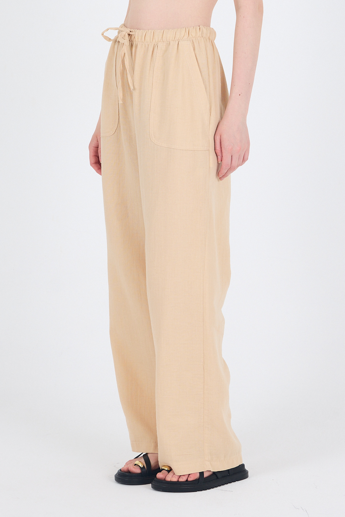 Bej Keten Görünümlü %100 Pamuk Cepli Bol Paça Pantolon 8054A - 5