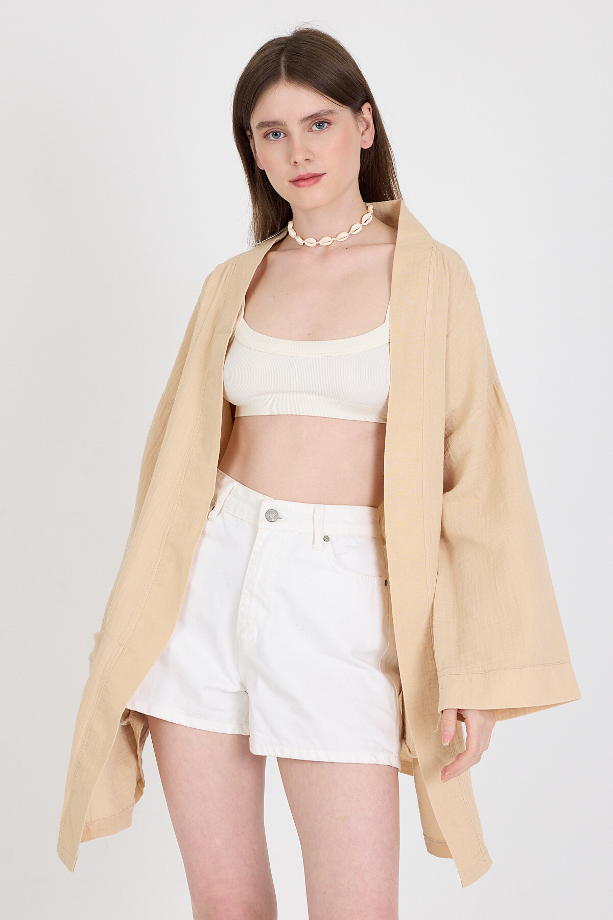 Bej Keten Görünümlü %100 Pamuk Geniş Kollu Bağlama Detaylı Kimono 4802A - RAYS