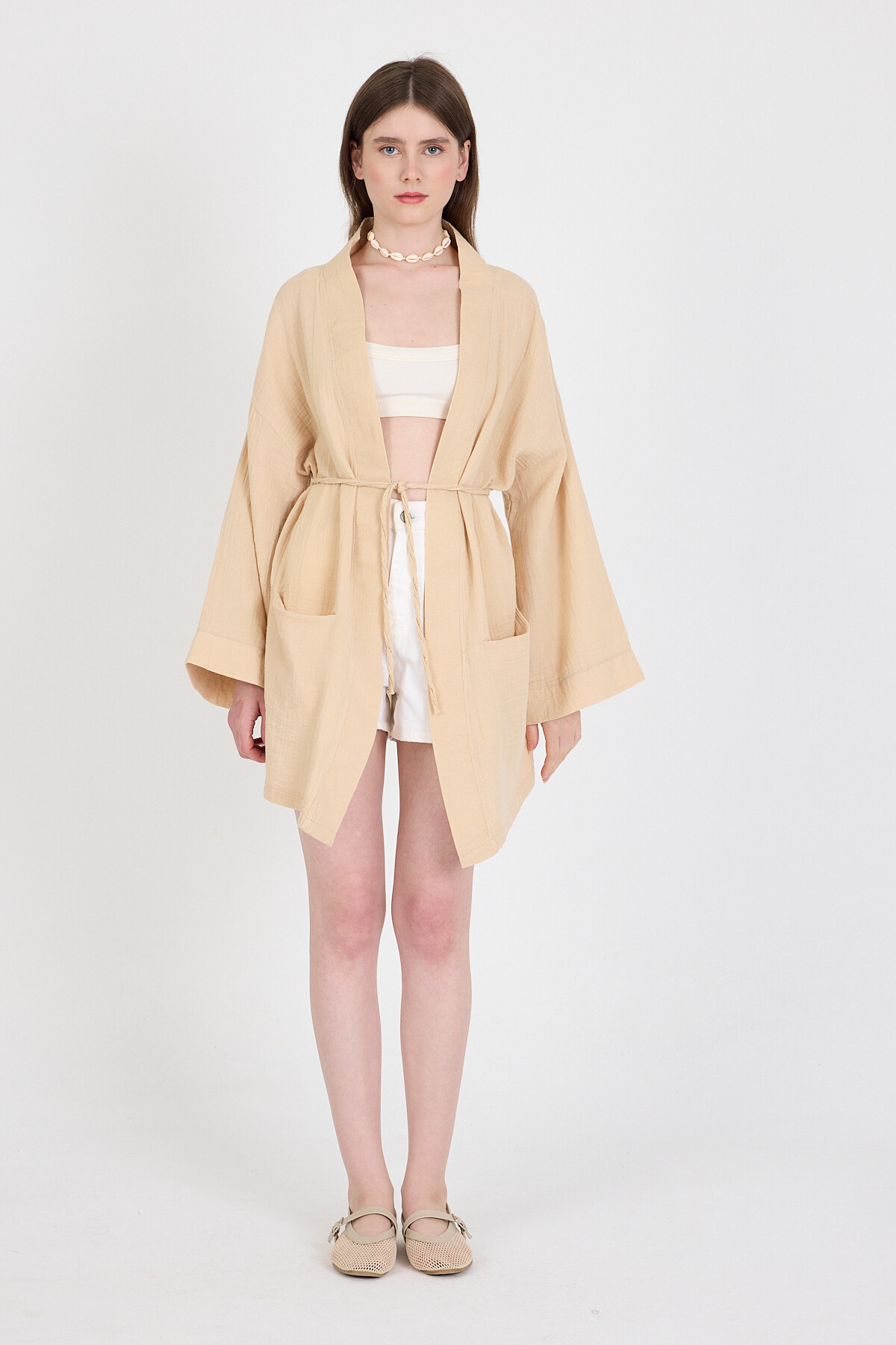 Bej Keten Görünümlü %100 Pamuk Geniş Kollu Bağlama Detaylı Kimono 4802A - 3