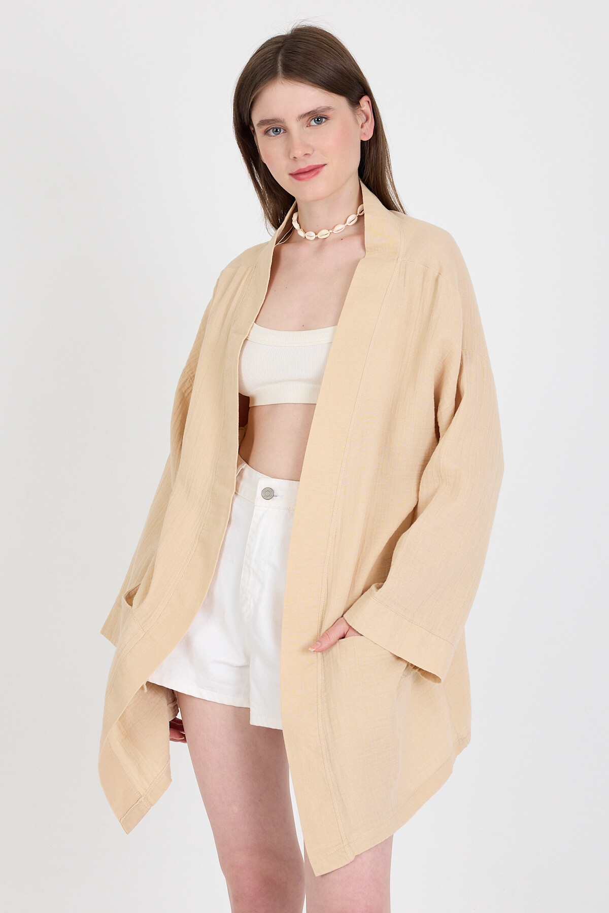 Bej Keten Görünümlü %100 Pamuk Geniş Kollu Bağlama Detaylı Kimono 4802A - RAYS