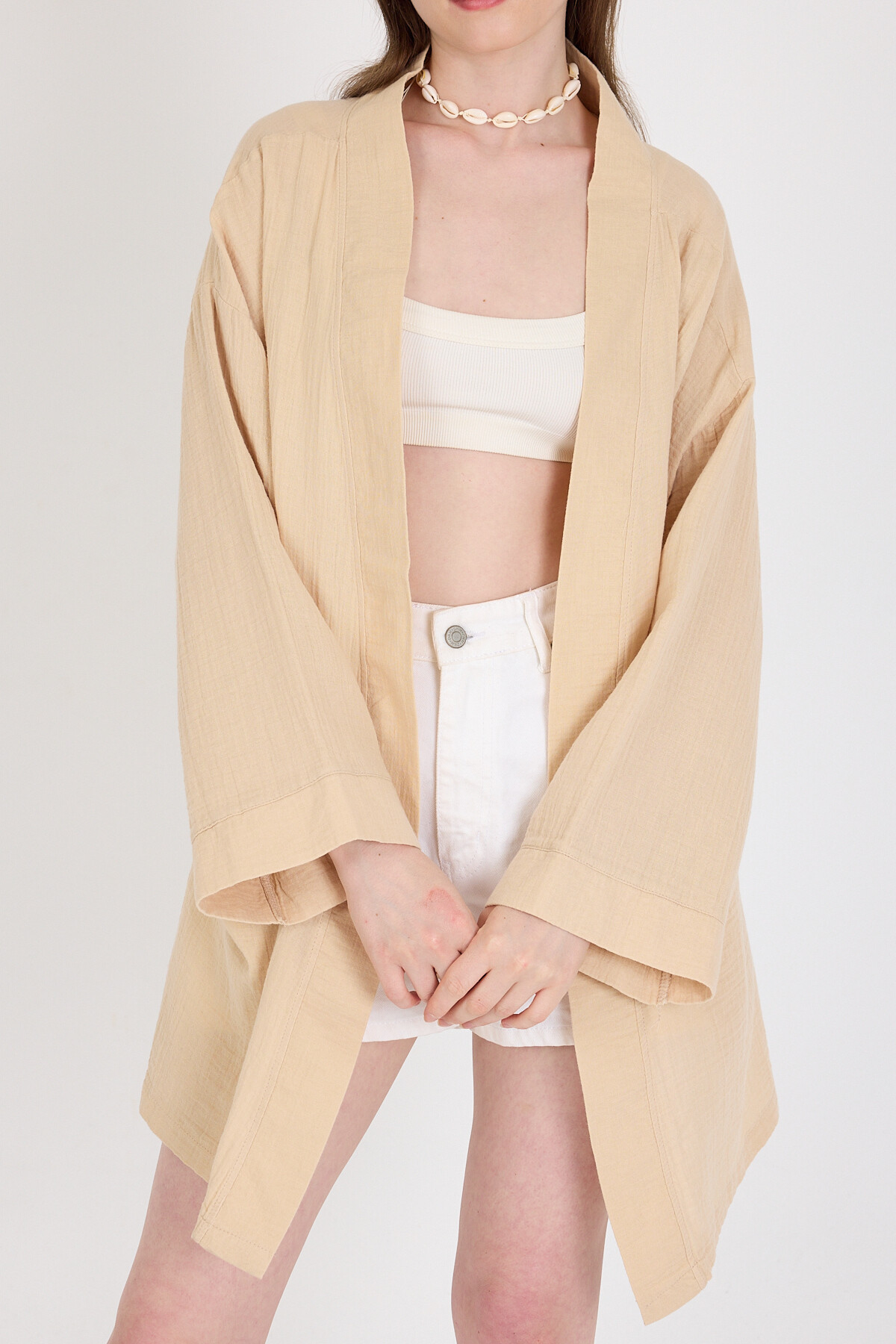 Bej Keten Görünümlü %100 Pamuk Geniş Kollu Bağlama Detaylı Kimono 4802A - 4