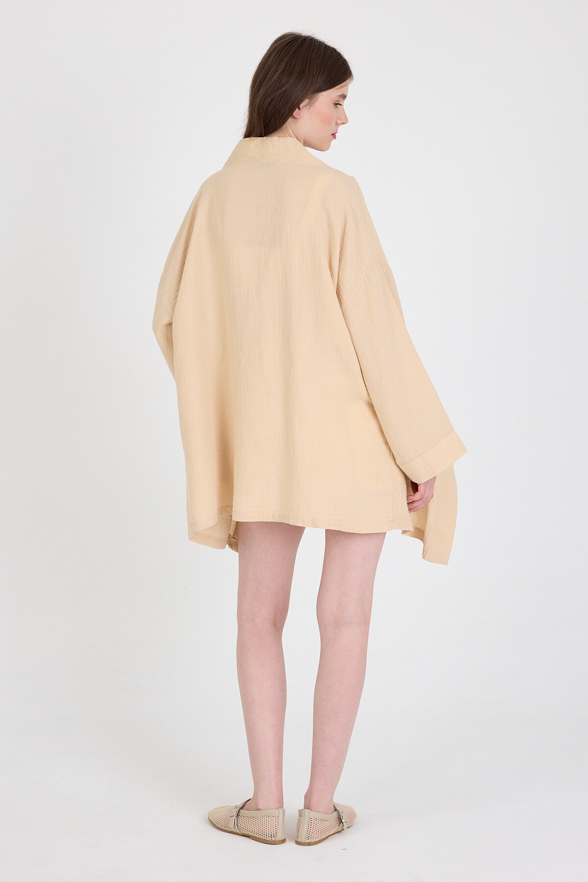 Bej Keten Görünümlü %100 Pamuk Geniş Kollu Bağlama Detaylı Kimono 4802A - 5