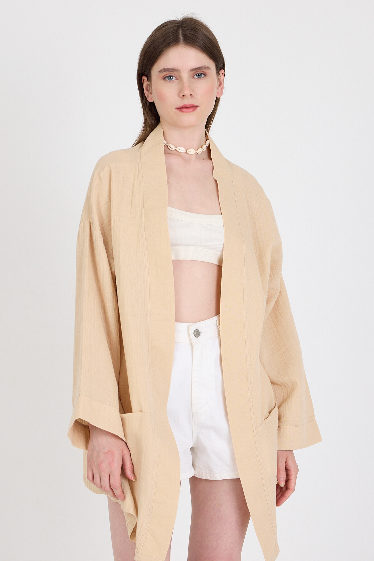 Bej Keten Görünümlü %100 Pamuk Geniş Kollu Bağlama Detaylı Kimono 4802A - 6