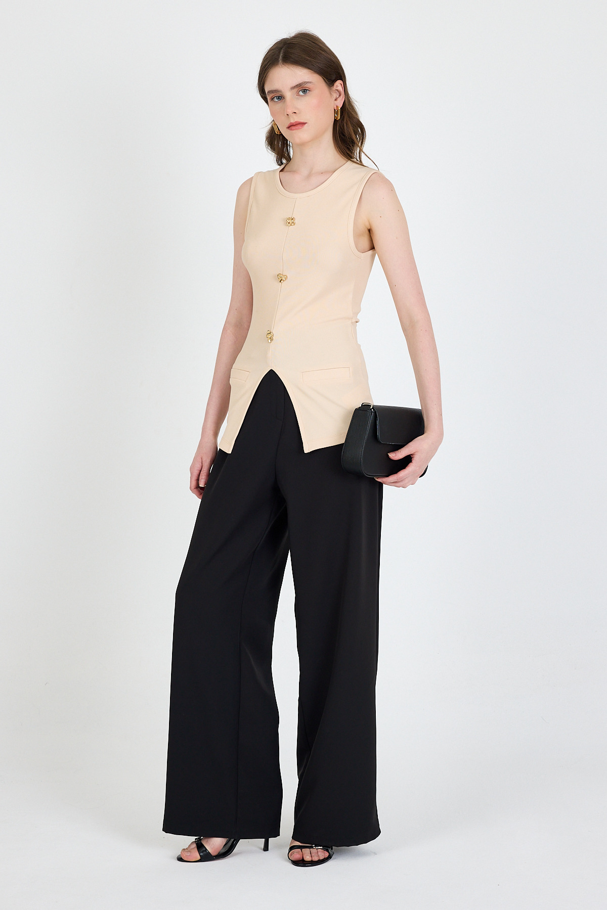 Bej Kolsuz Düğme Detaylı Cep Detaylı Bluz 017 - 3