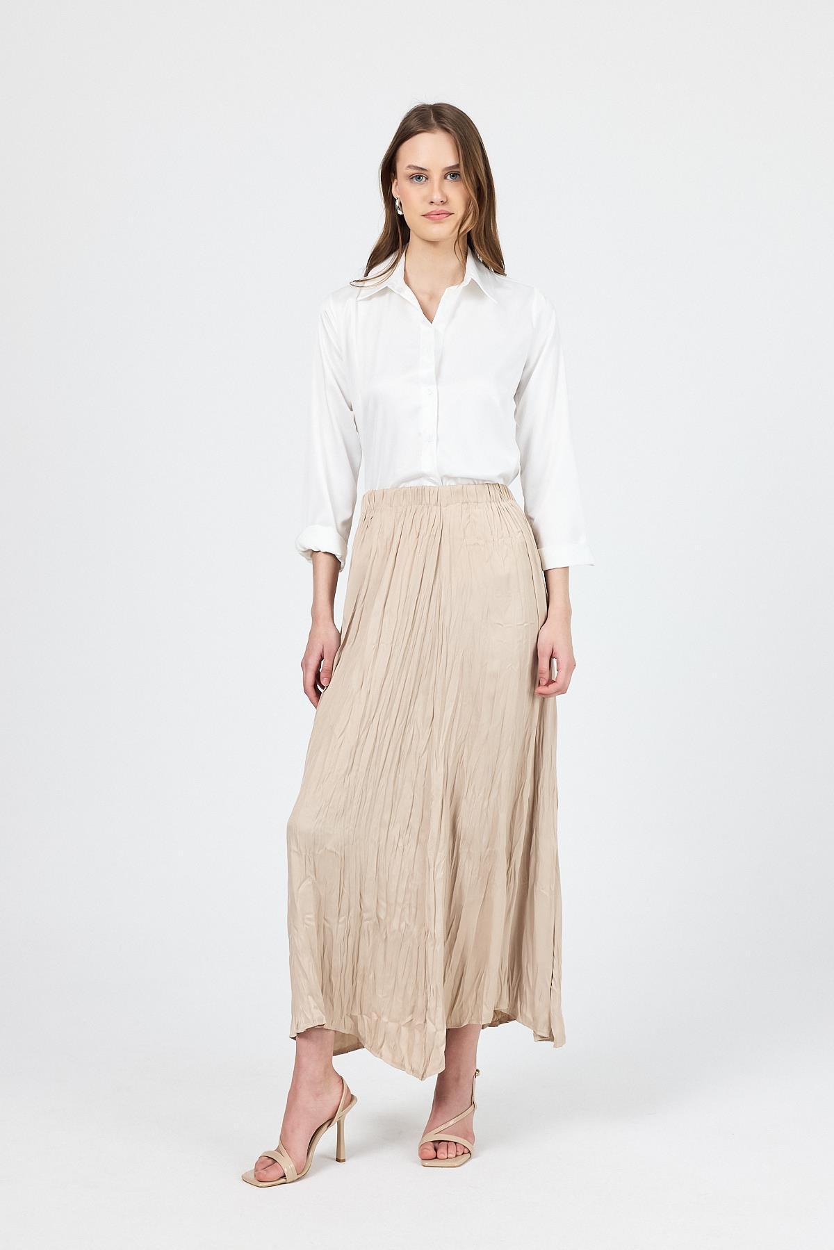 Bej Kraşlı Kırışık Kumaş Etek 9470 - RAYS