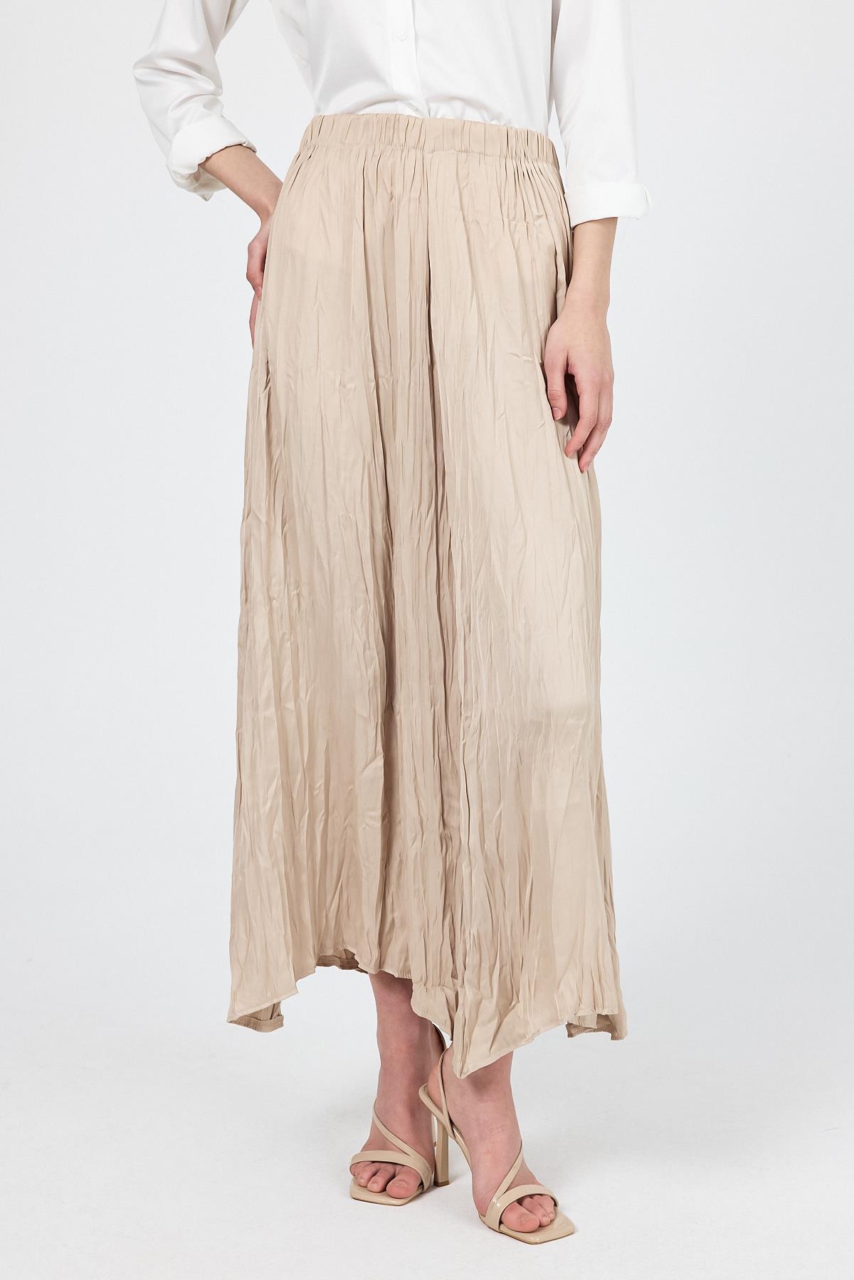 Bej Kraşlı Kırışık Kumaş Etek 9470 - RAYS