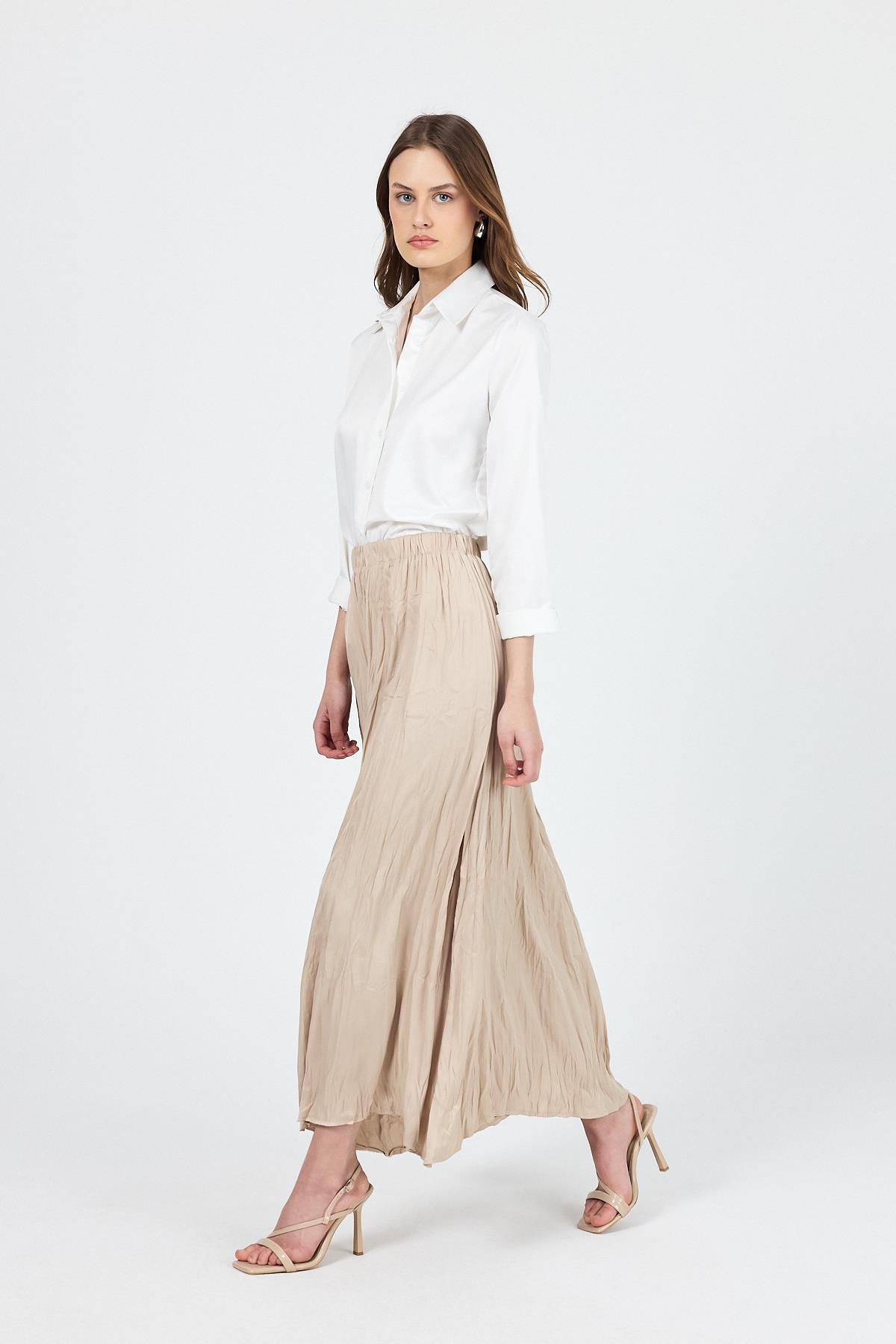 Bej Kraşlı Kırışık Kumaş Etek 9470 - 1