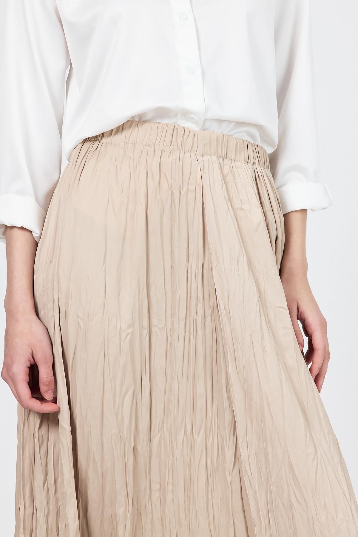 Bej Kraşlı Kırışık Kumaş Etek 9470 - 4