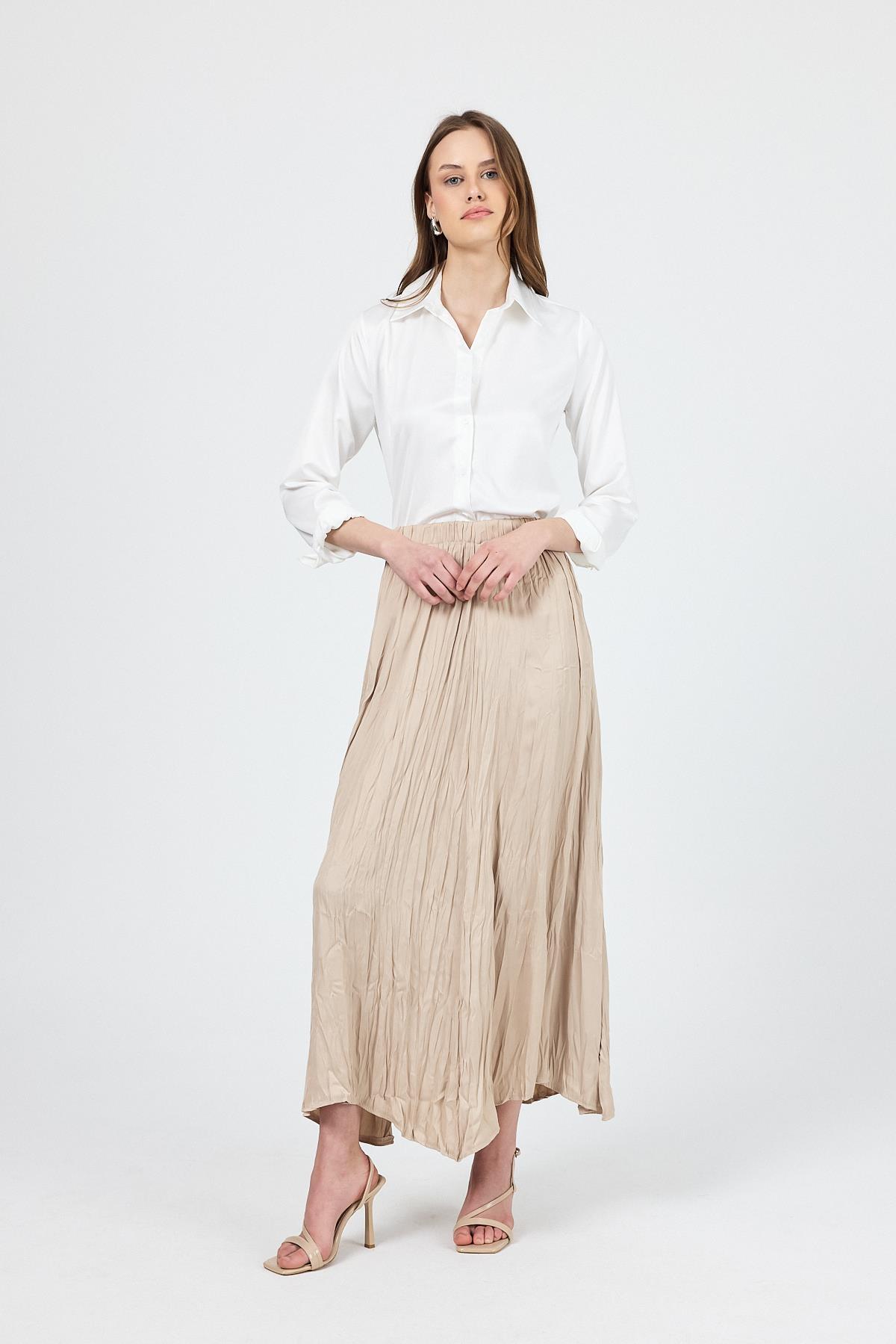 Bej Kraşlı Kırışık Kumaş Etek 9470 - 7