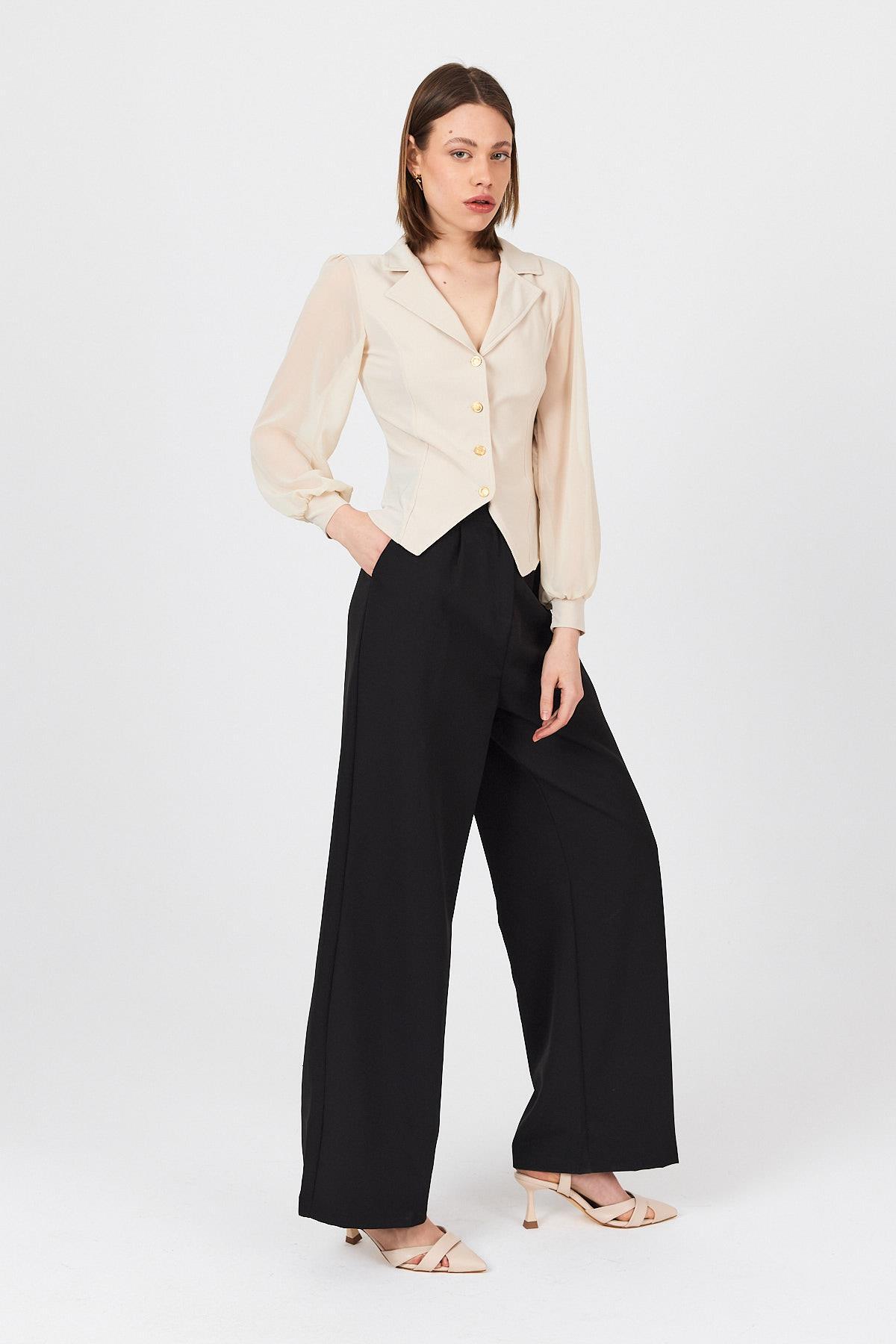 Bej Kruvaze Yaka Düğmeli Pensli Gömlek 9476 - 3