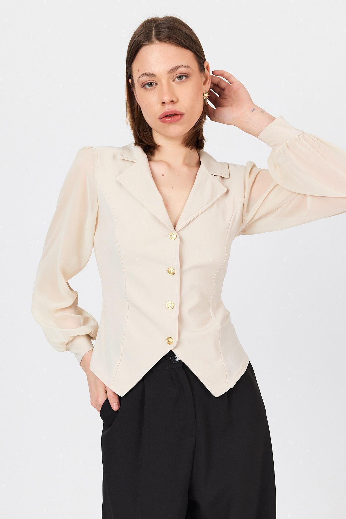 Bej Kruvaze Yaka Düğmeli Pensli Gömlek 9476 - 6