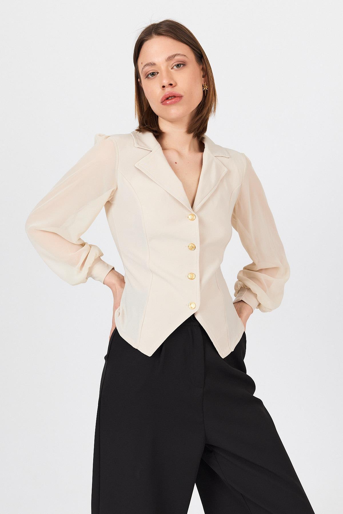 Bej Kruvaze Yaka Düğmeli Pensli Gömlek 9476 - 1