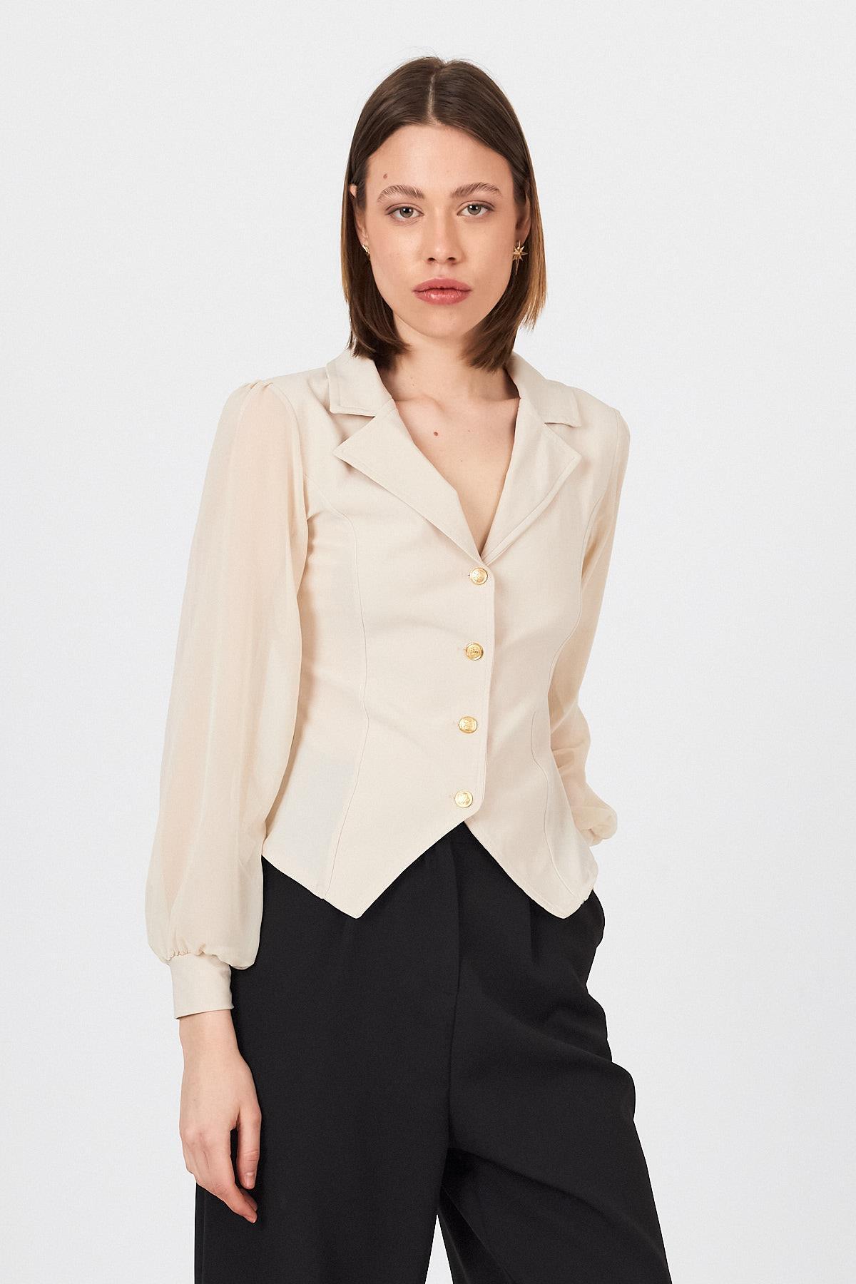 Bej Kruvaze Yaka Düğmeli Pensli Gömlek 9476 - 2