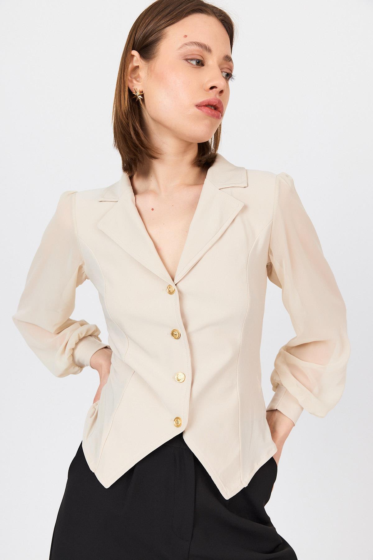 Bej Kruvaze Yaka Düğmeli Pensli Gömlek 9476 - 4