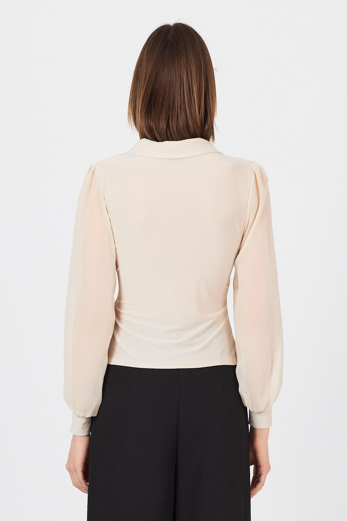 Bej Kruvaze Yaka Düğmeli Pensli Gömlek 9476 - 5